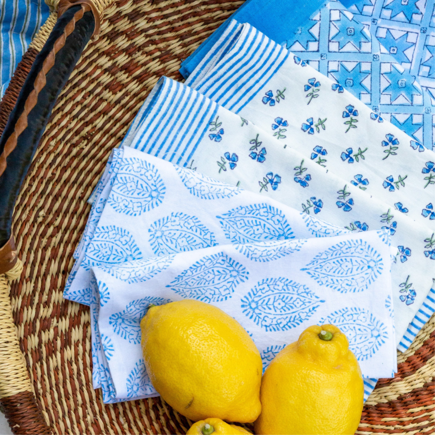Blue leaf block printed napkins