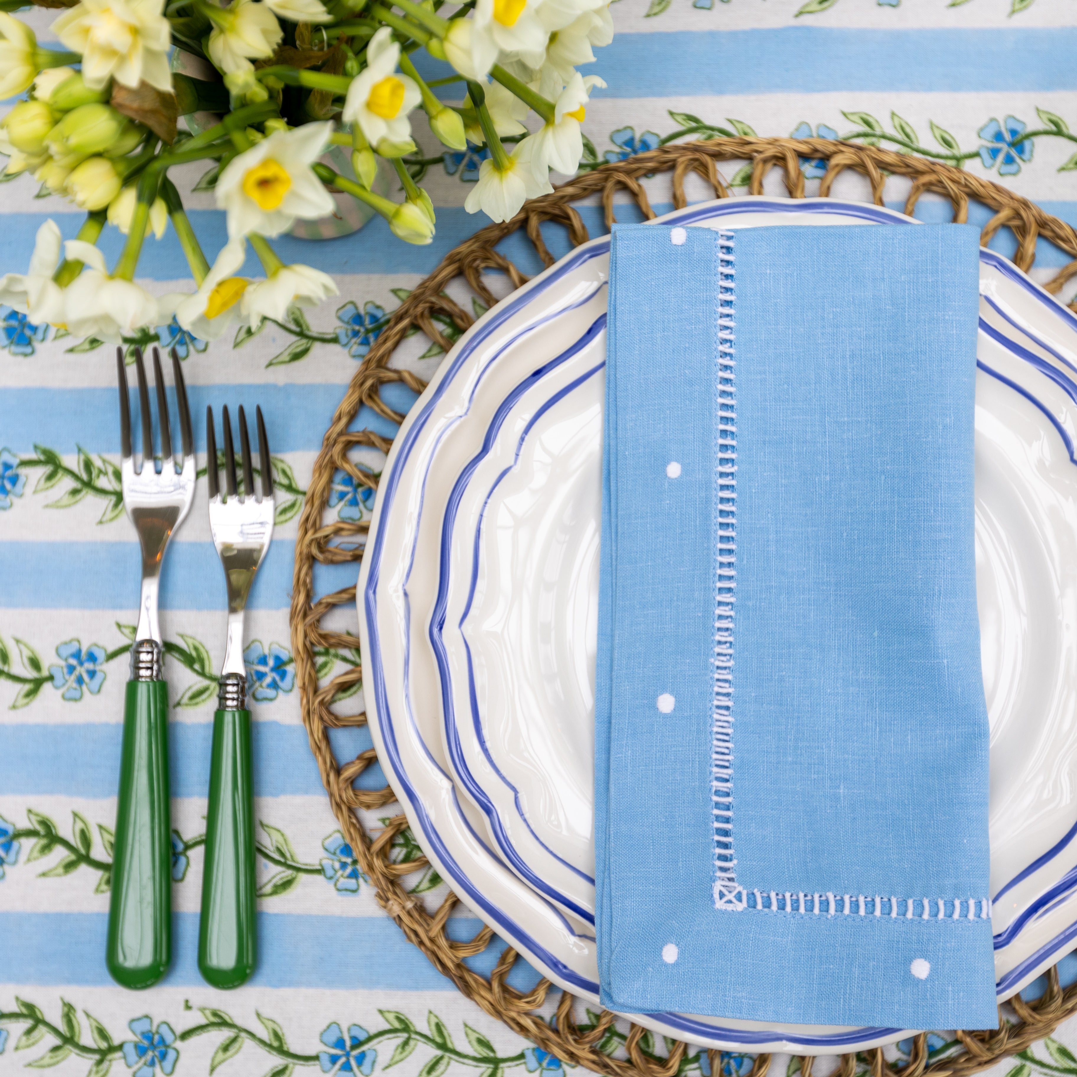 Blue Linen napkin with white embroidered dots