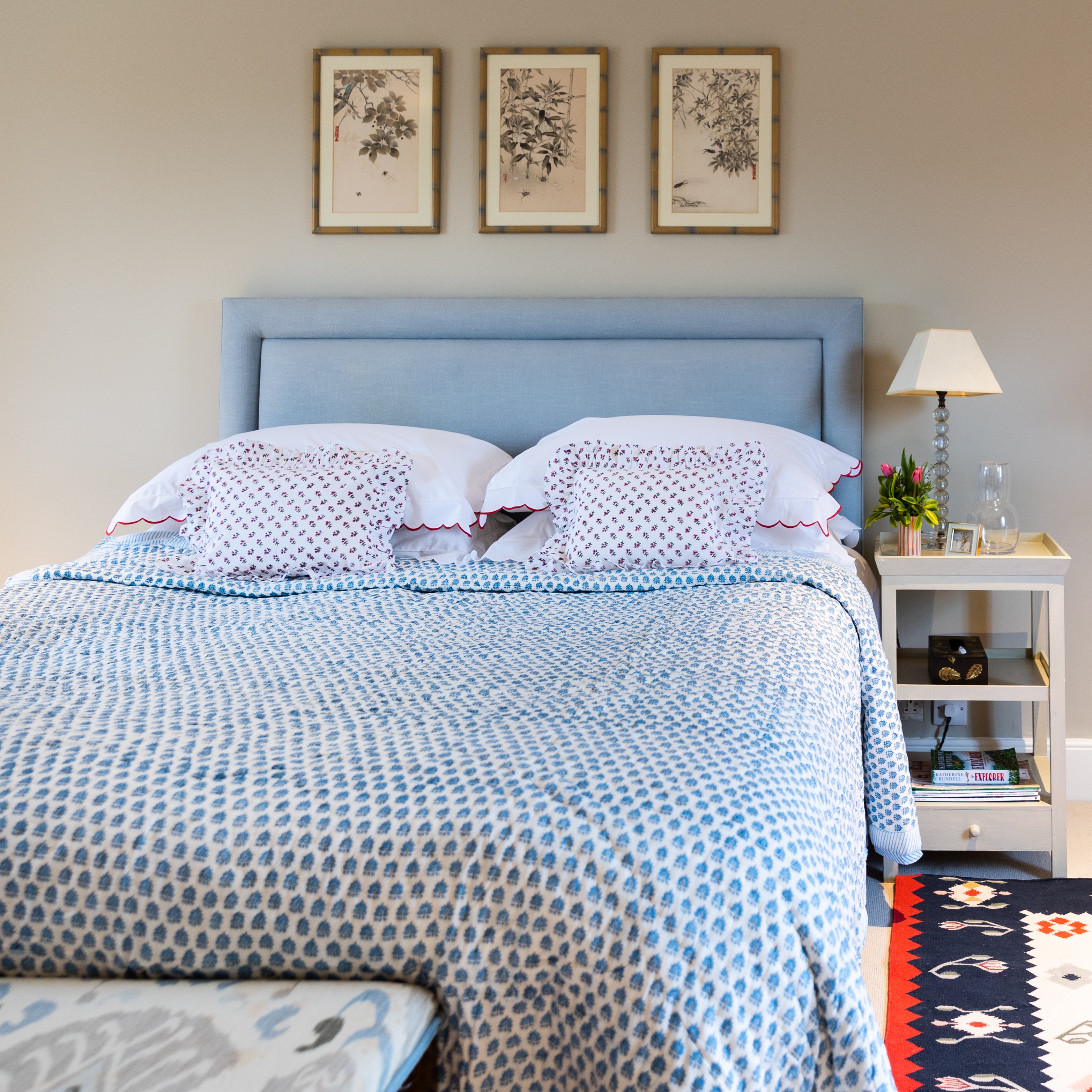 blue block print pomily design cotton reversible quilt/ bedspread/ throw