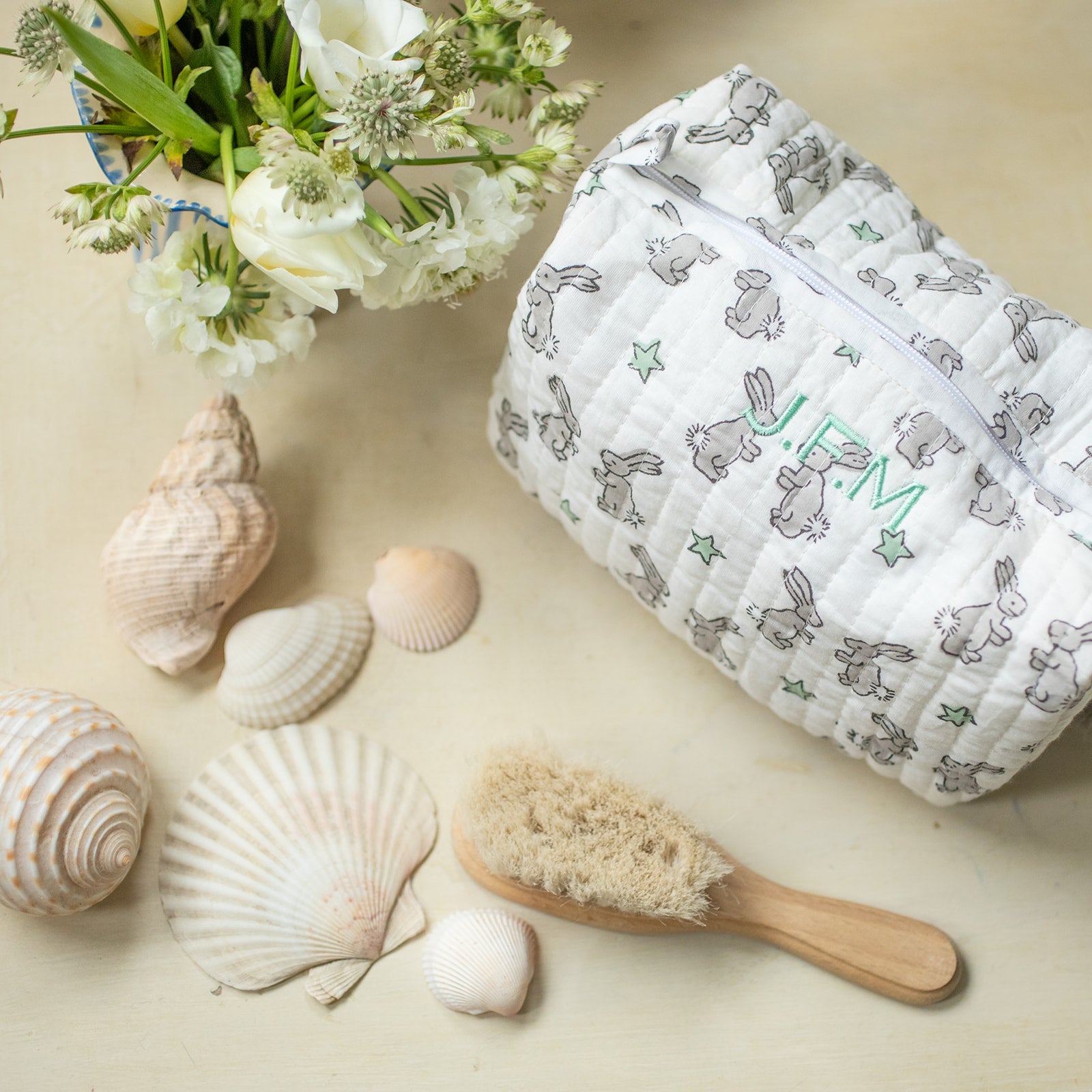 Green Bunny Block Printed Cotton Wash Bag