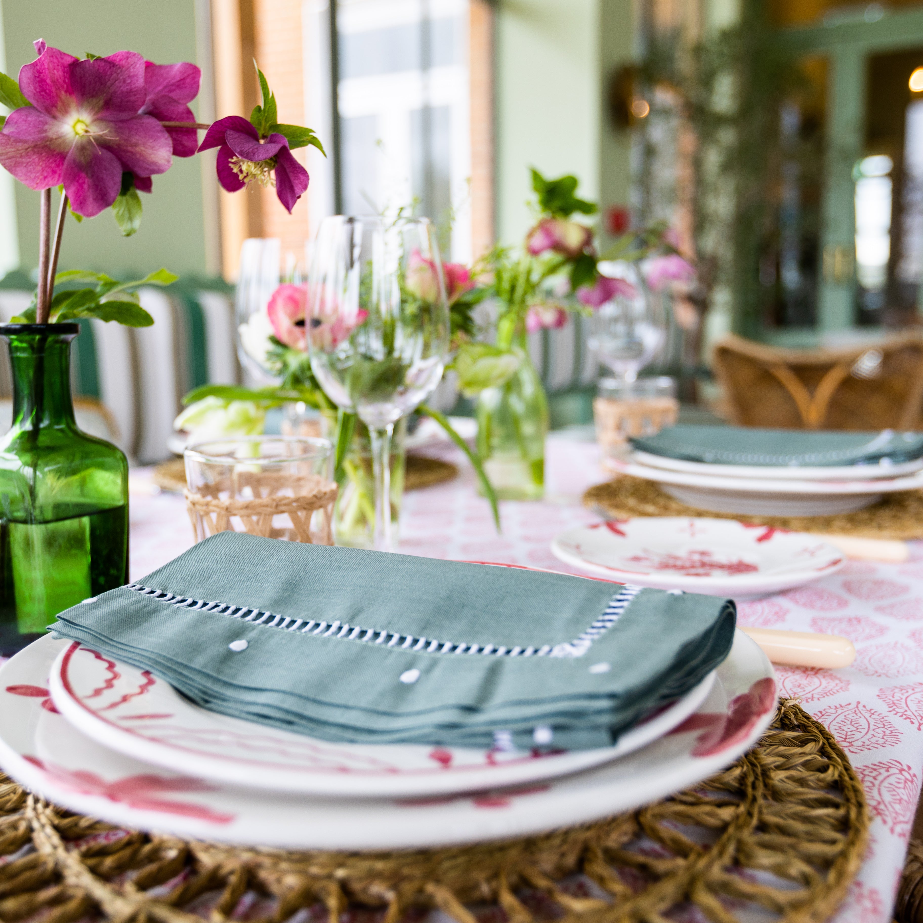 green embroidered linen napkin