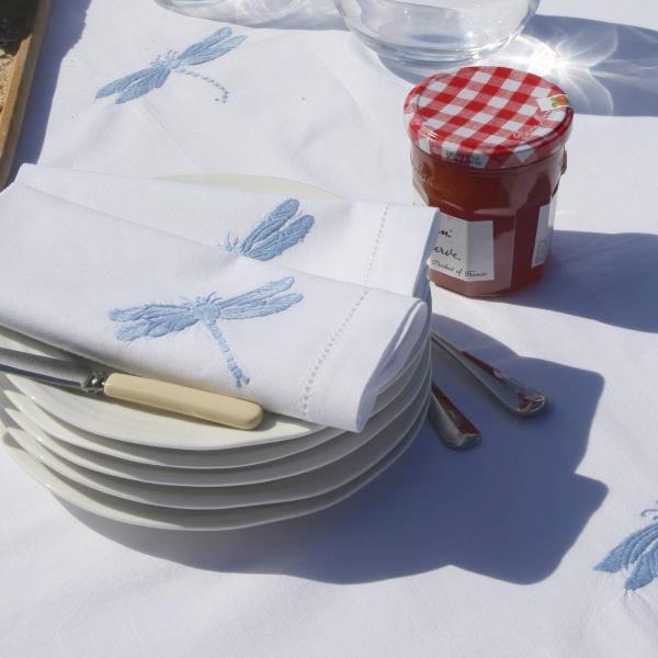Blue dragonfly embroidered napkin