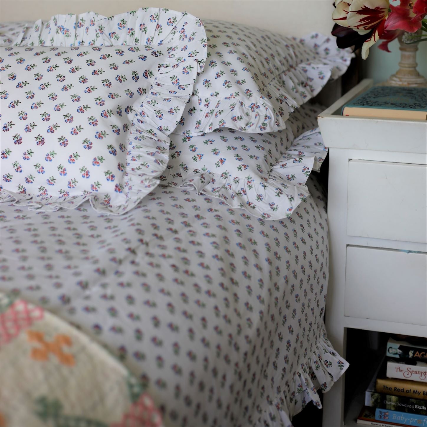 Multi Ditsy Floral Ruffle Frilly Cotton Hand Block Printed Duvet Cover