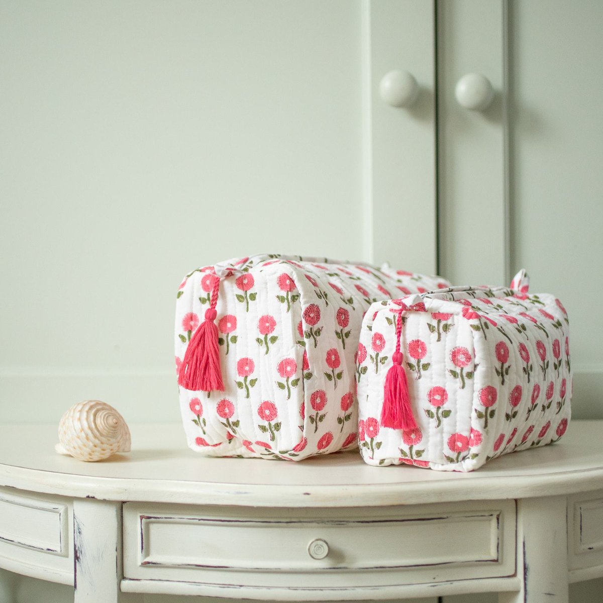 Pink Daisy Cotton Block Printed Wash Bag