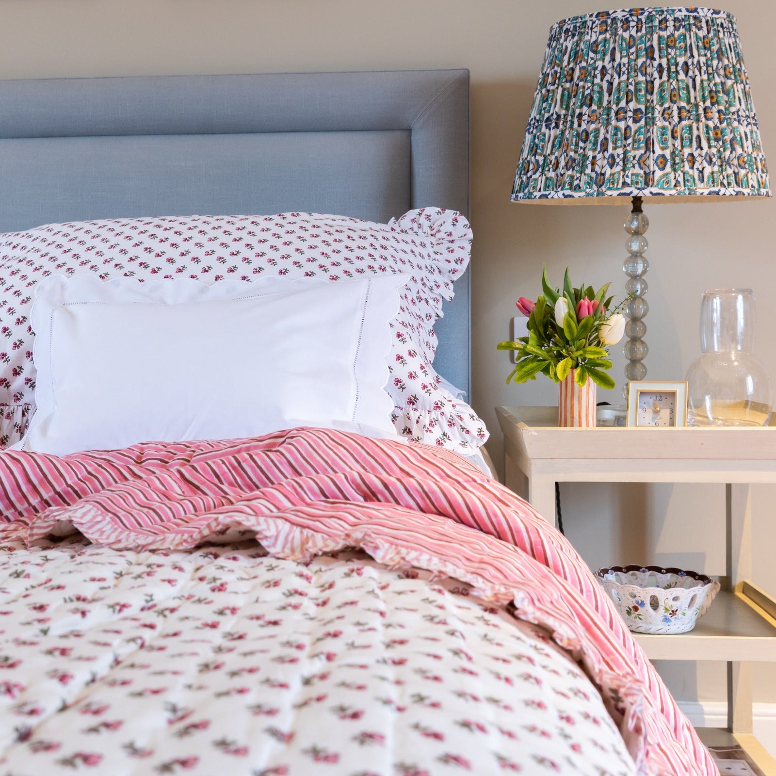 Pink Ditsy Ruffle Block Printed Reversible Quilt