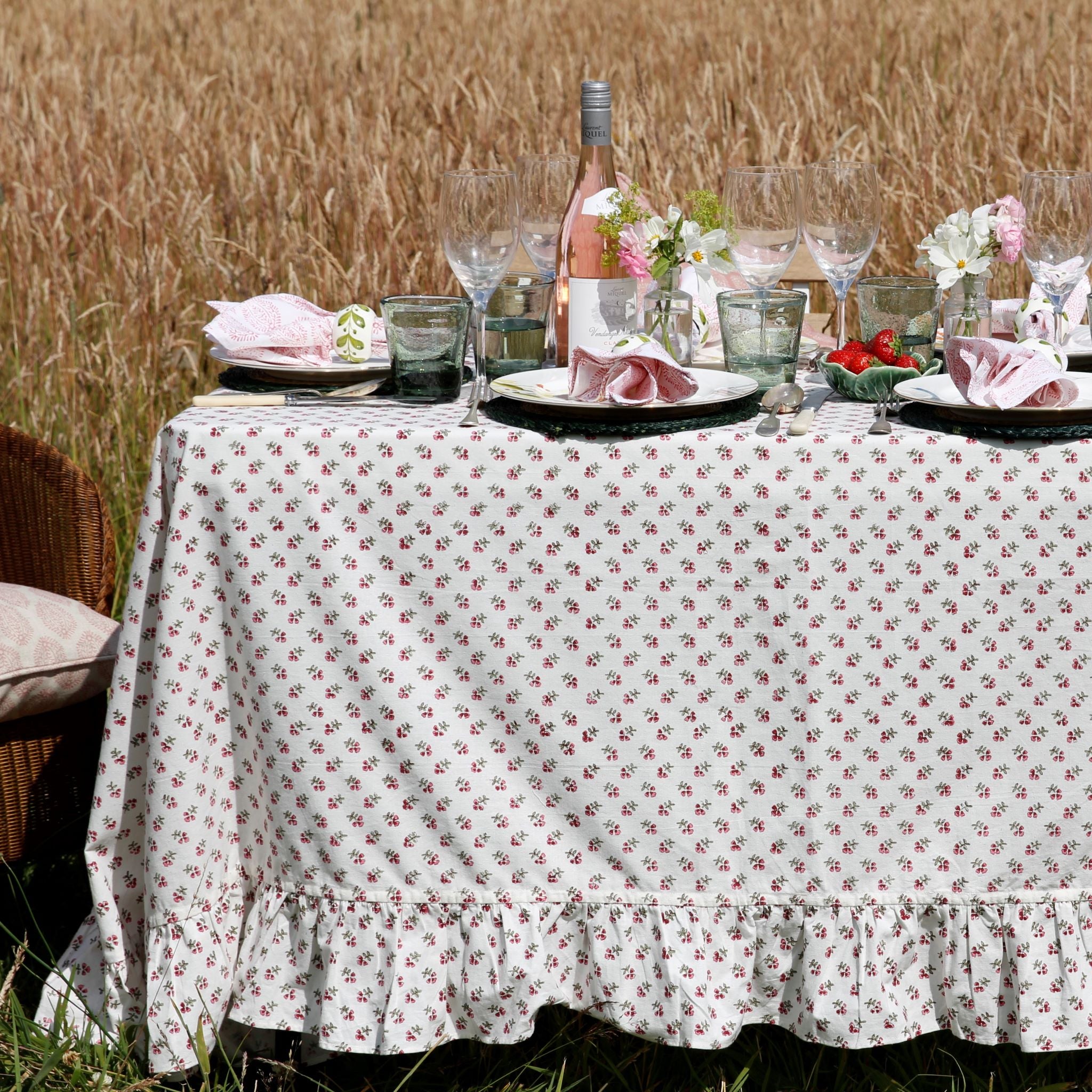 Hand block printed pink floral ruffle edge tablecloth