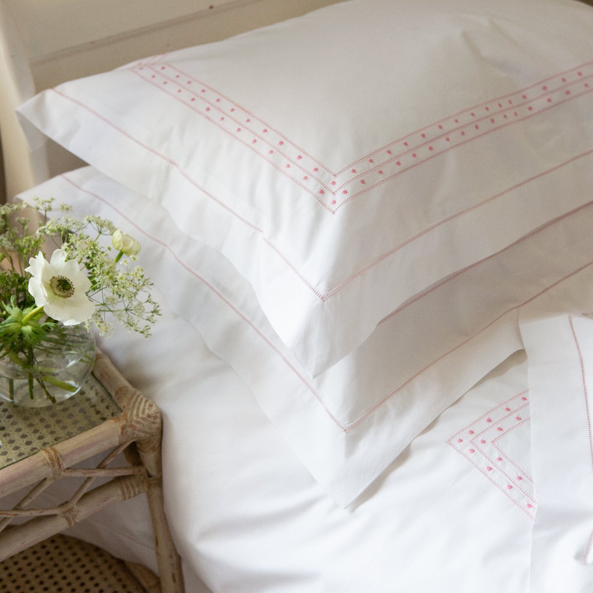 Cotton Matilda Pink Pillowcase with hand embroidered design