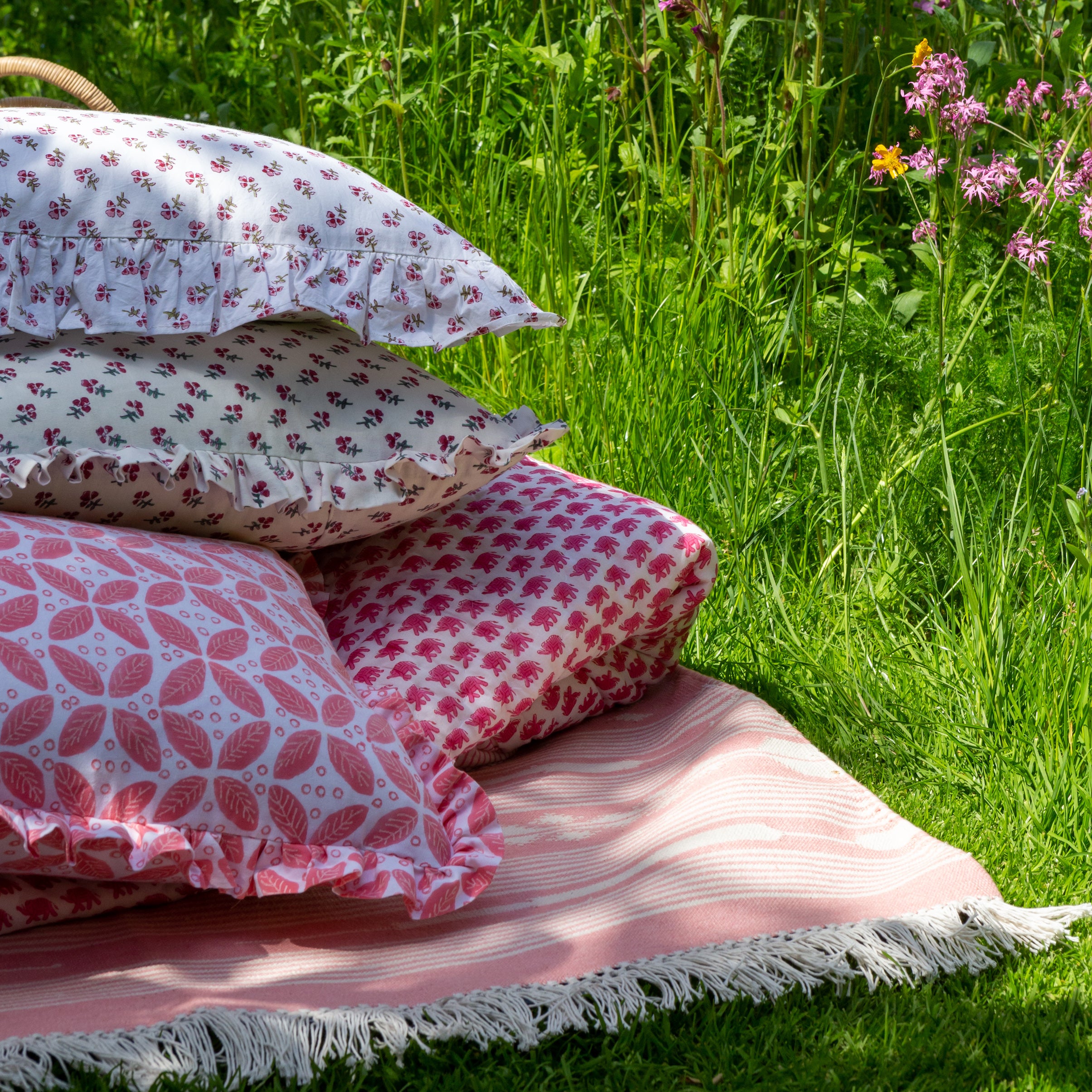 Beautiful and stylish ruffle edged cushion, using our best selling hand block printed Ditsy design.