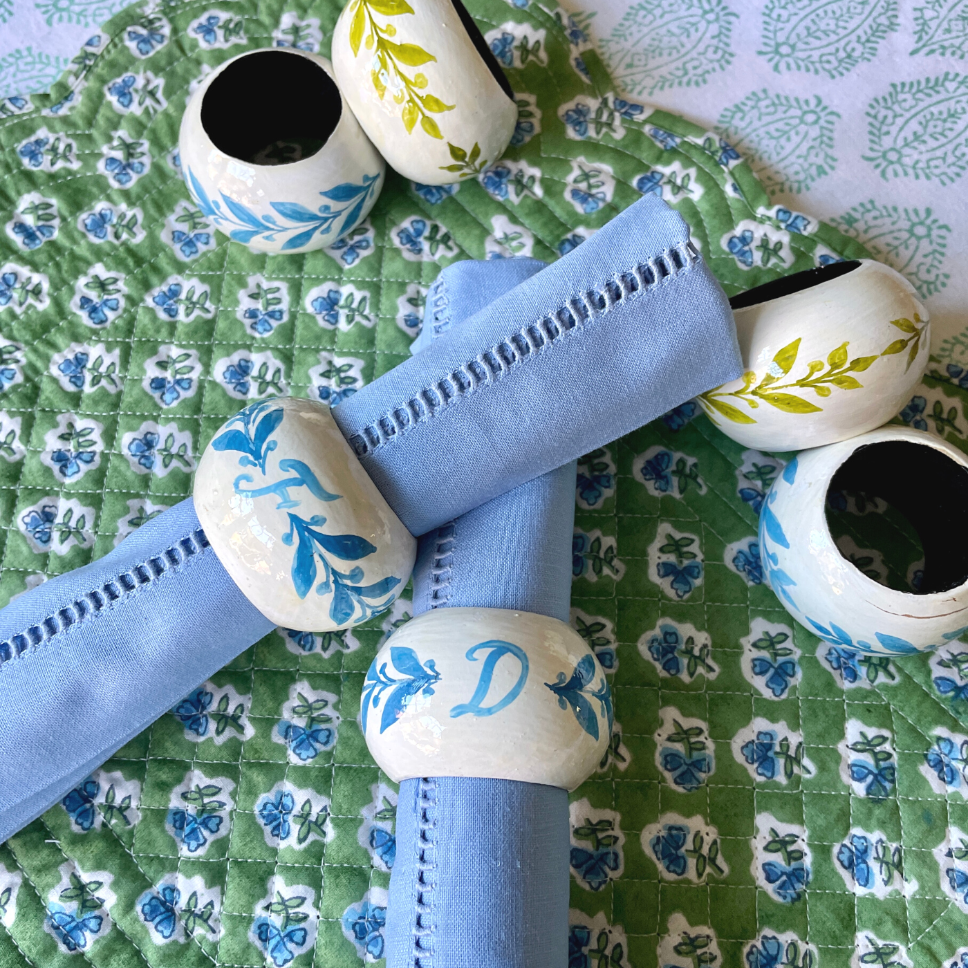 Light Green Alphabet Hand Painted Napkin Rings