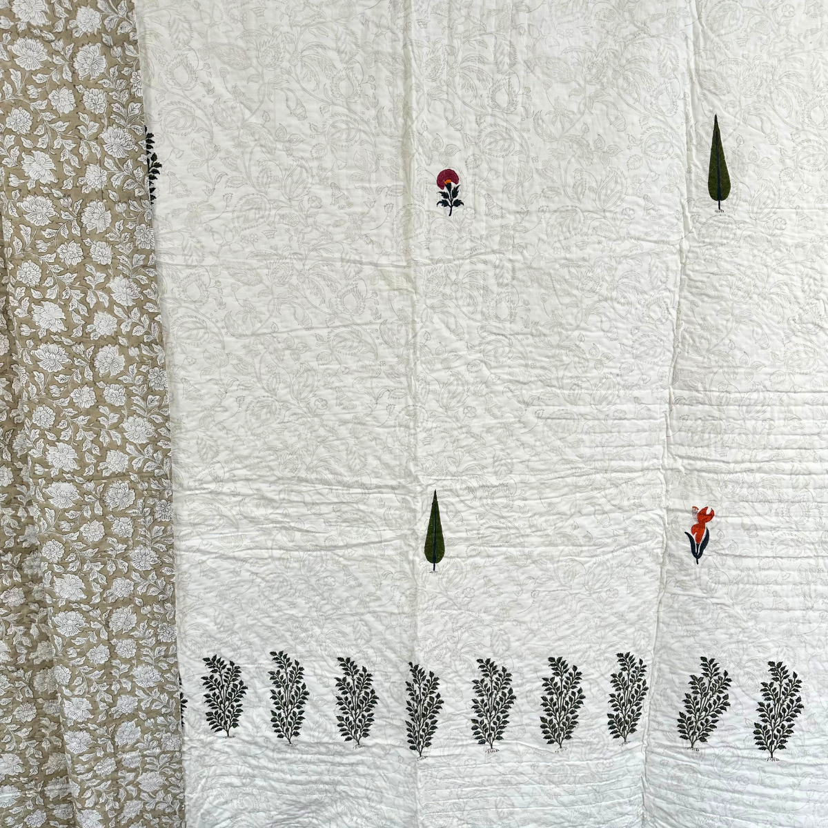 Cream, Beige, Green and Orange Cotton Reversible Pique Bedspread/ throw/ quilt - King
