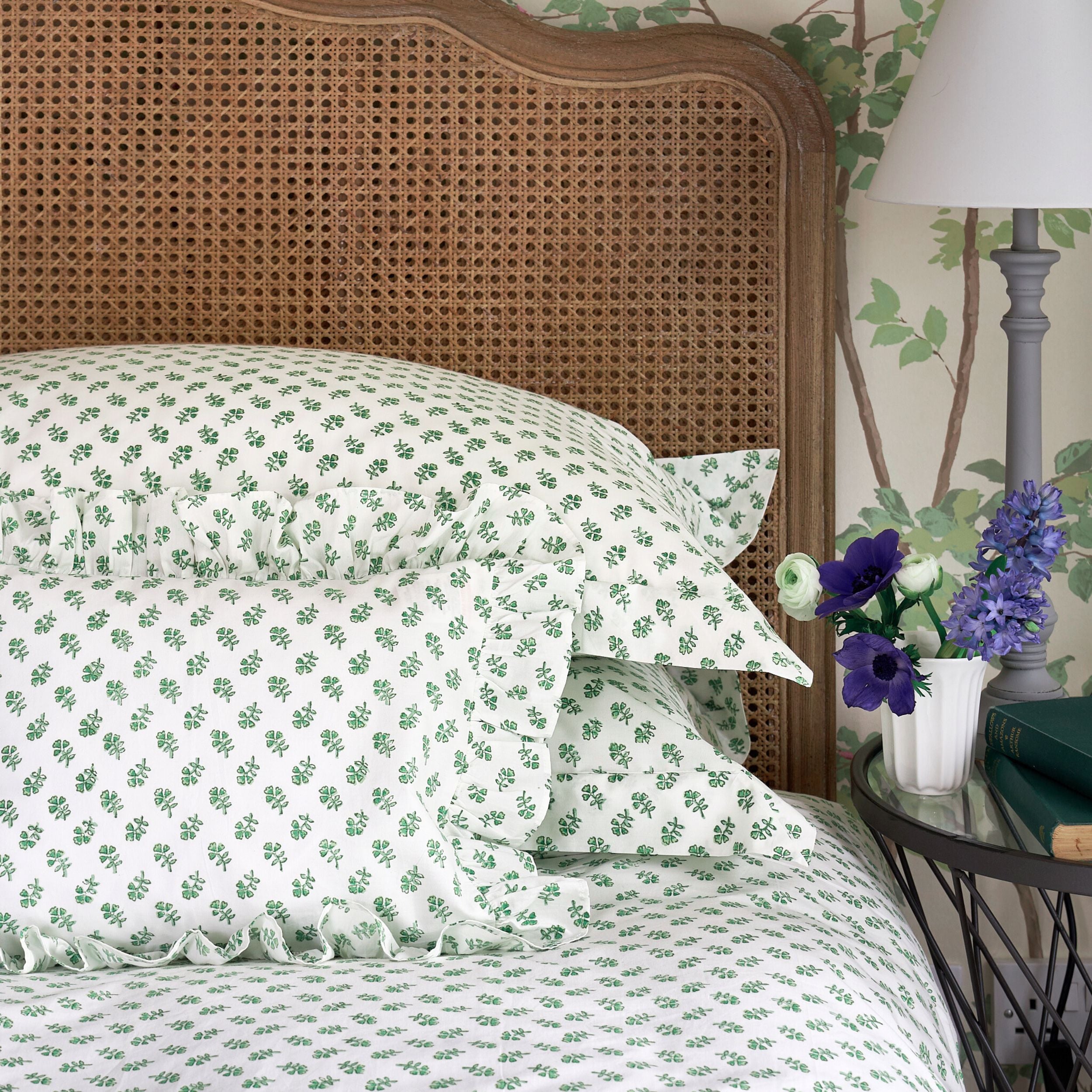 Green floral hand block printed cotton pillowcase