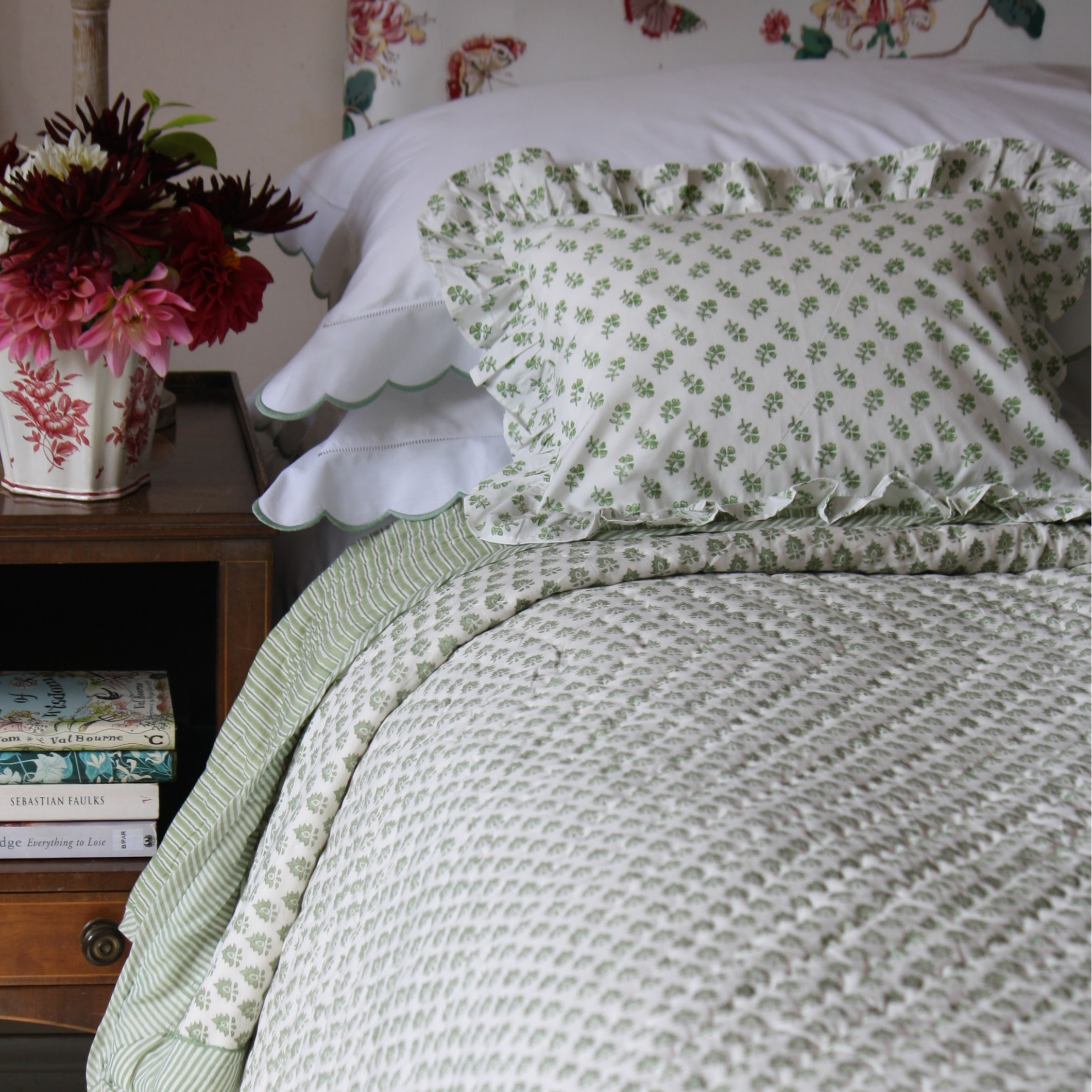 Reversible Hand Block printed cotton green quilt / bedspread/  throw