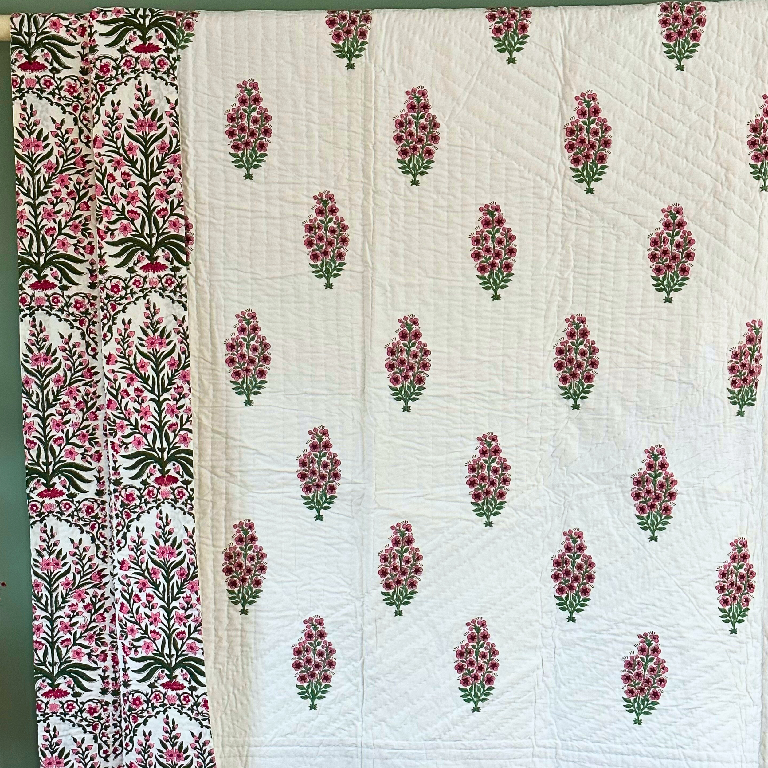 Green and Pink Floral Cotton reversible pique quilt/ bedspread/ throw