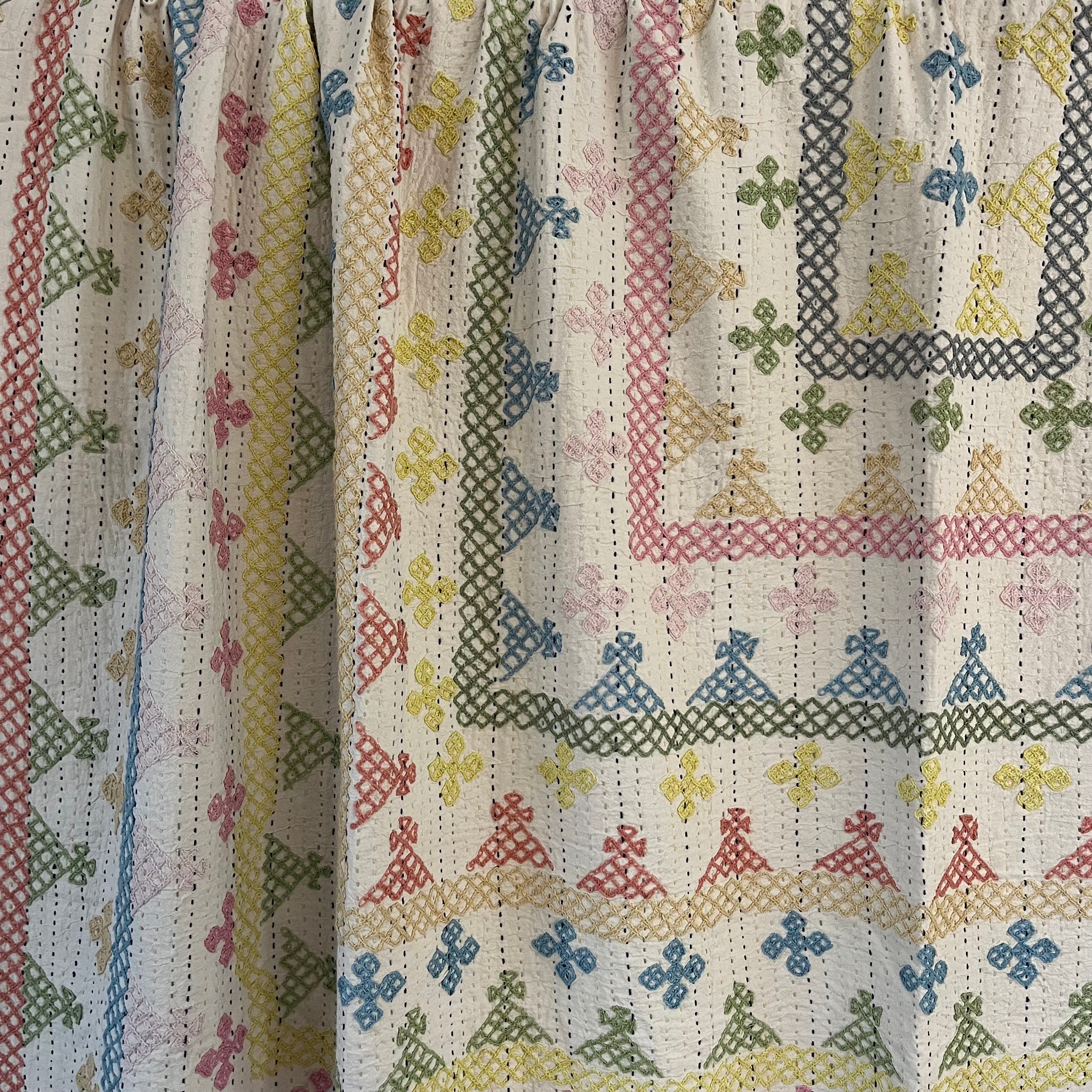 LARGE KANTHA BEDSPREAD - PEACH, GREEN, PINKS, LIGHT BLUE, YELLOW, CREAM PASTELS
