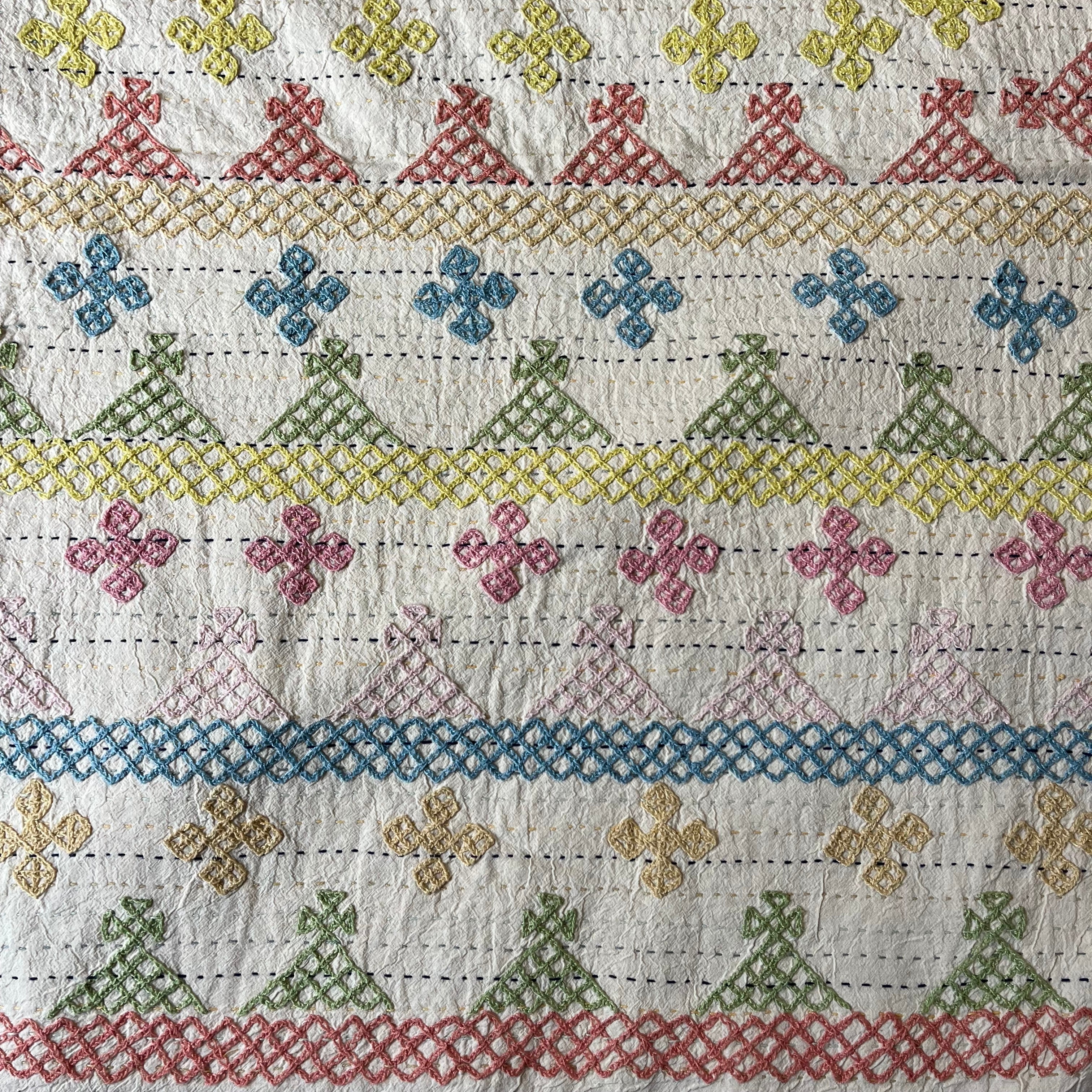 LARGE KANTHA BEDSPREAD - PEACH, GREEN, PINKS, LIGHT BLUE, YELLOW, CREAM PASTELS