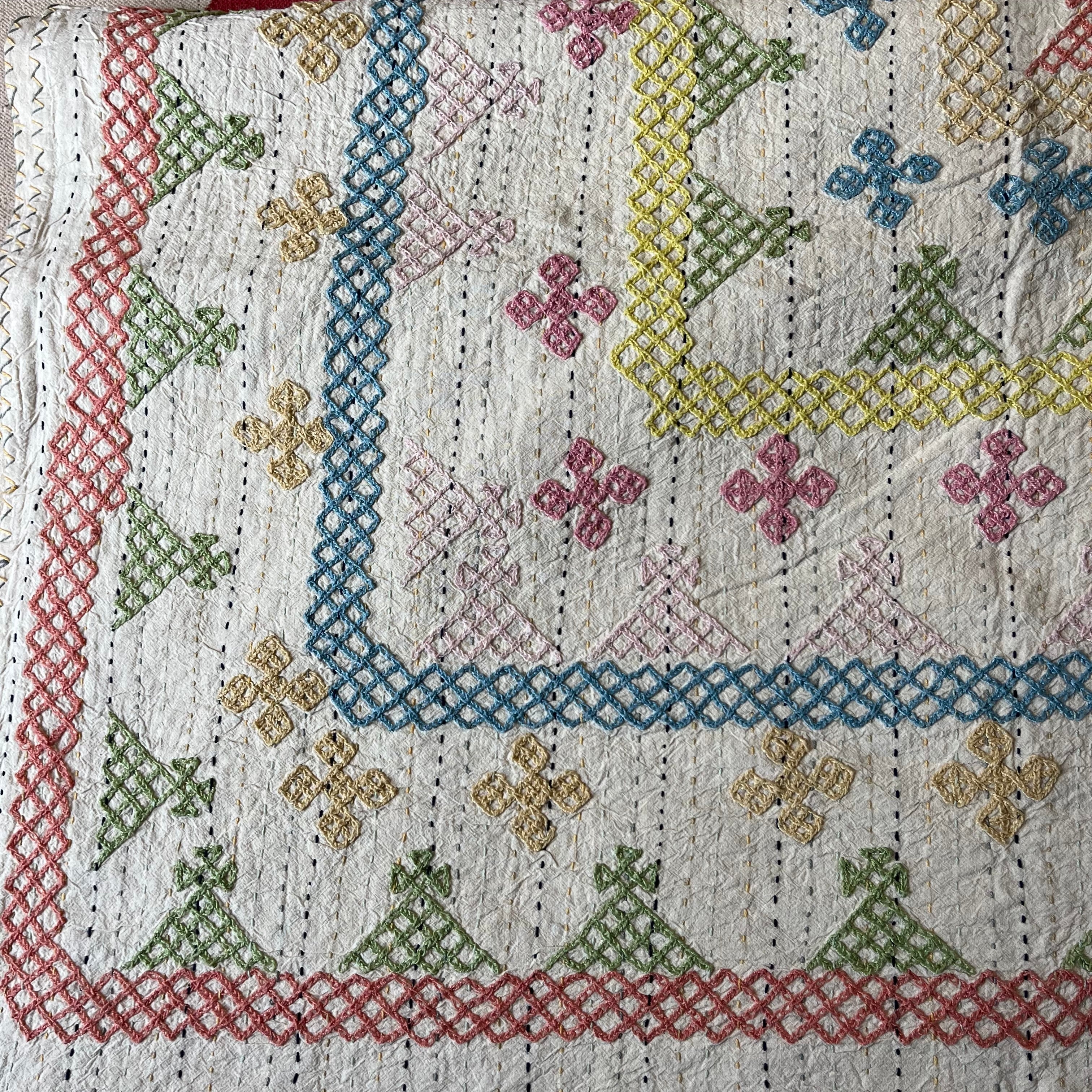 Close-up of embroidered fabric with geometric patterns and colorful cross-stitch