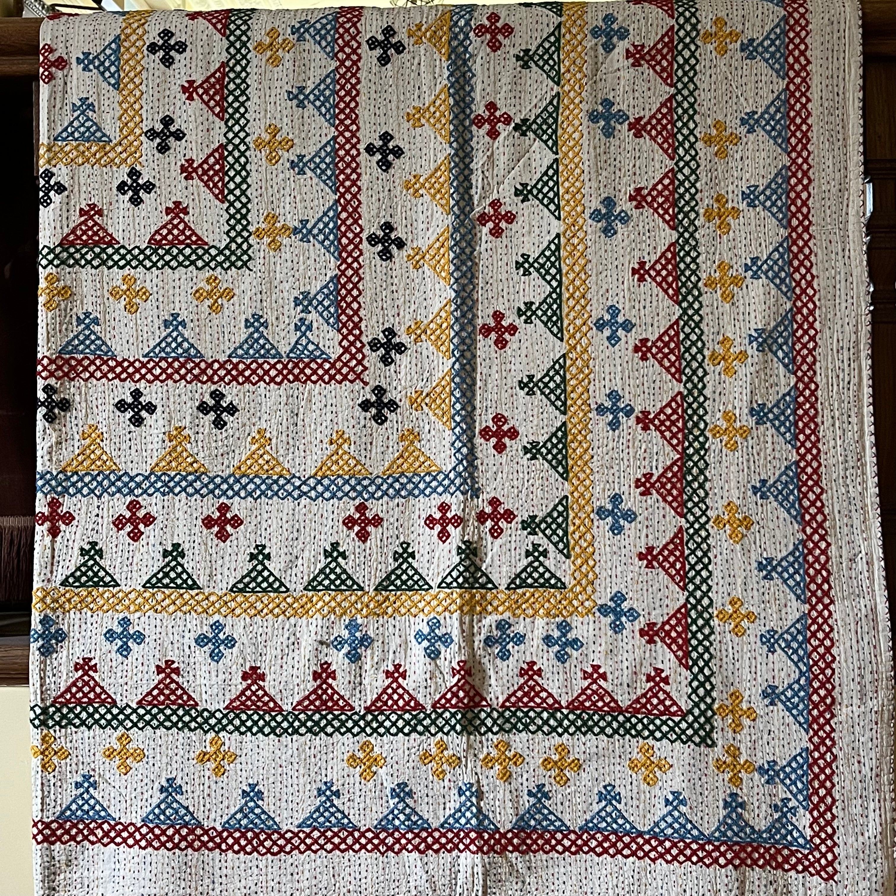 LARGE KANTHA BEDSPREAD - RED, BLUE, YELLOW, GREEN, NAVY