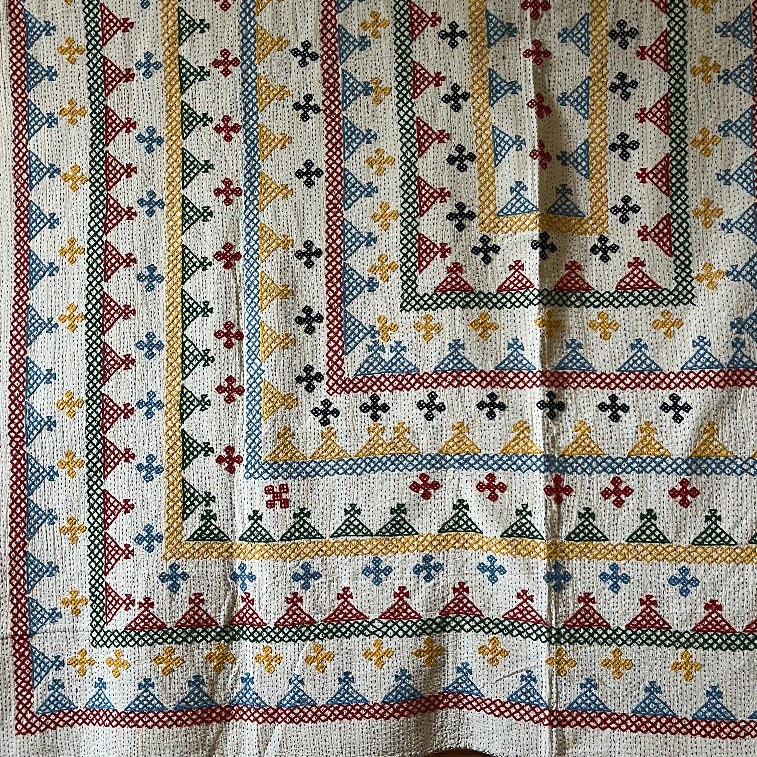 LARGE KANTHA BEDSPREAD - RED, BLUE, YELLOW, GREEN, NAVY