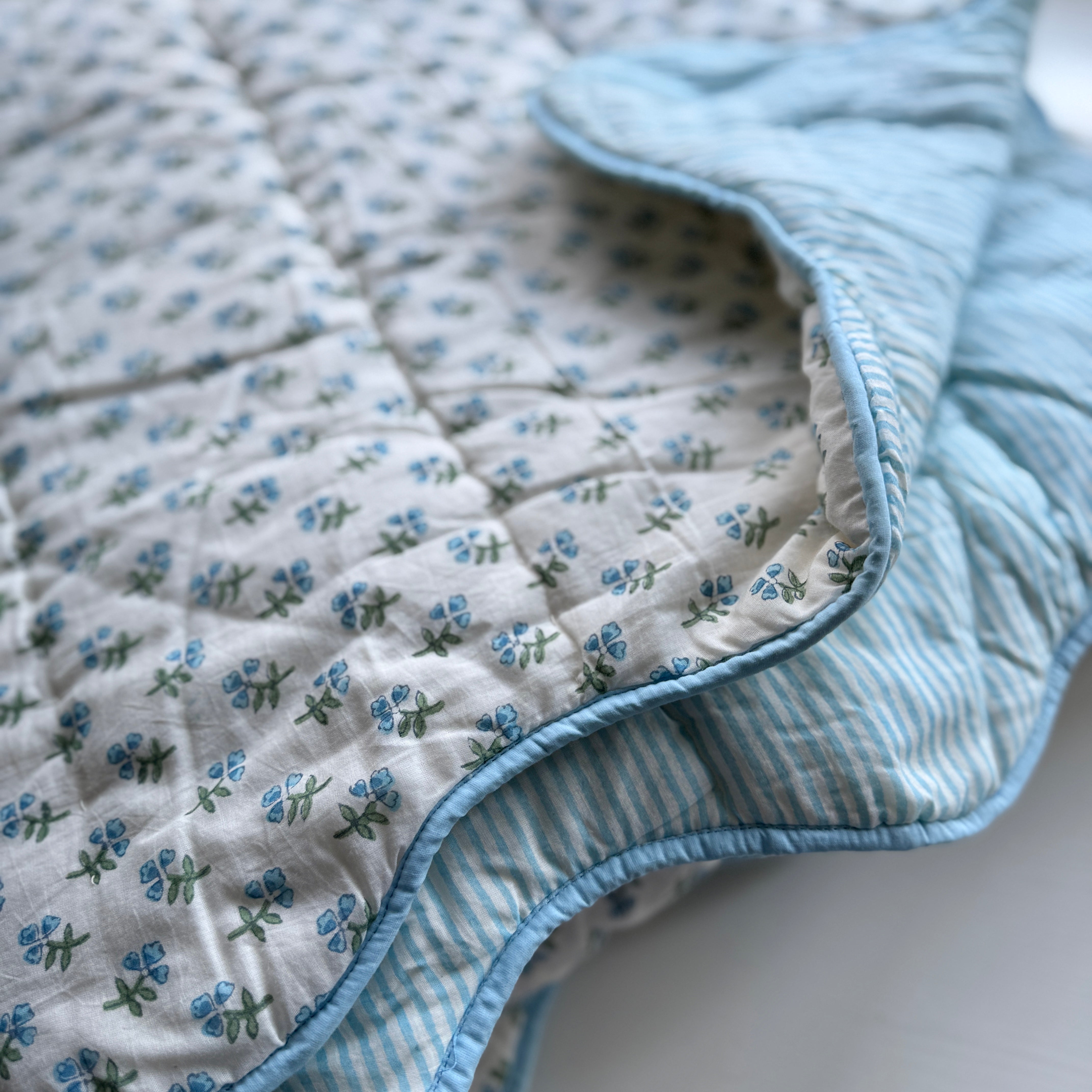 Sample - Light Blue Blue Ditsy Scalloped Bedspread - Single