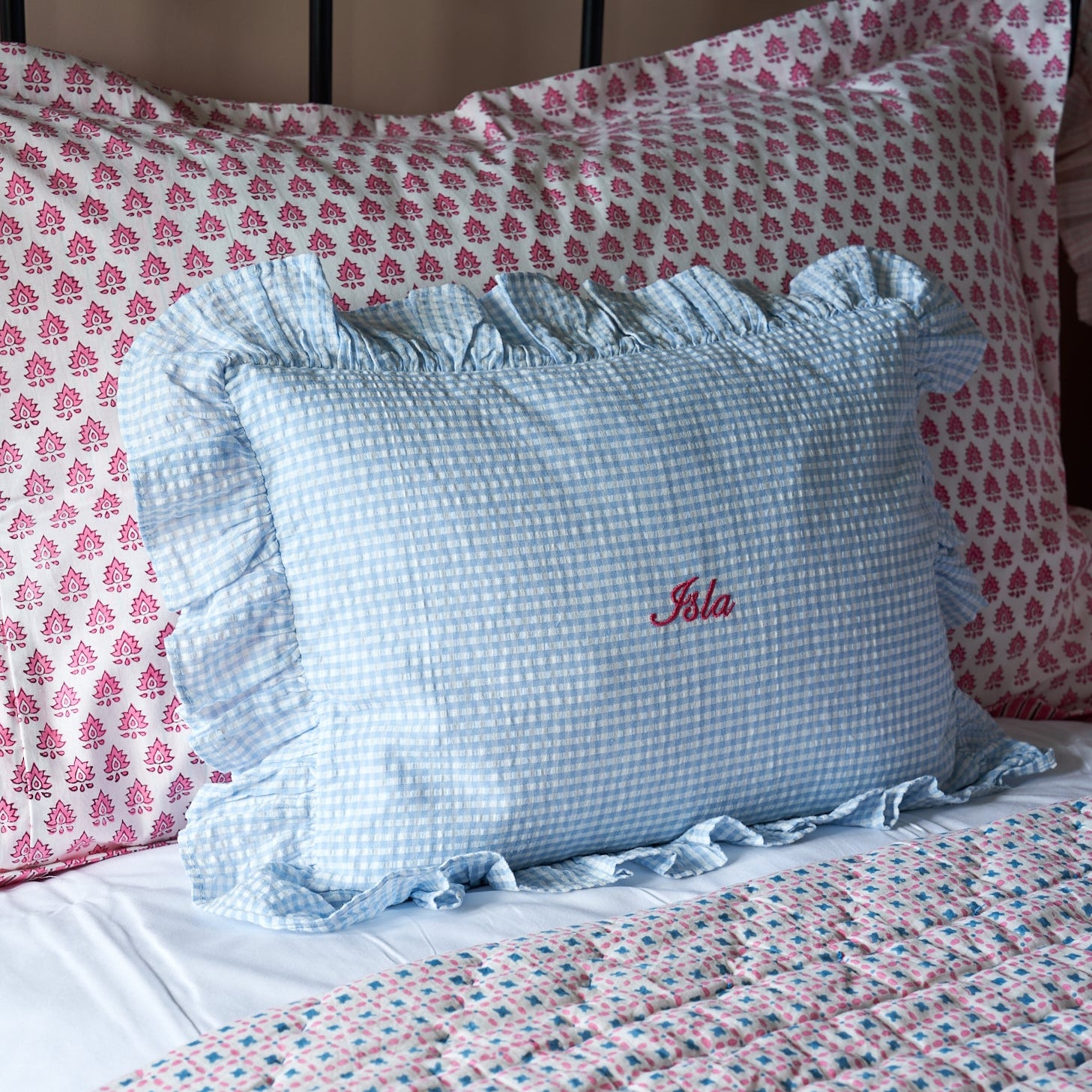 Blue Gingham Ruffle Baby Boudoir Pillowcase