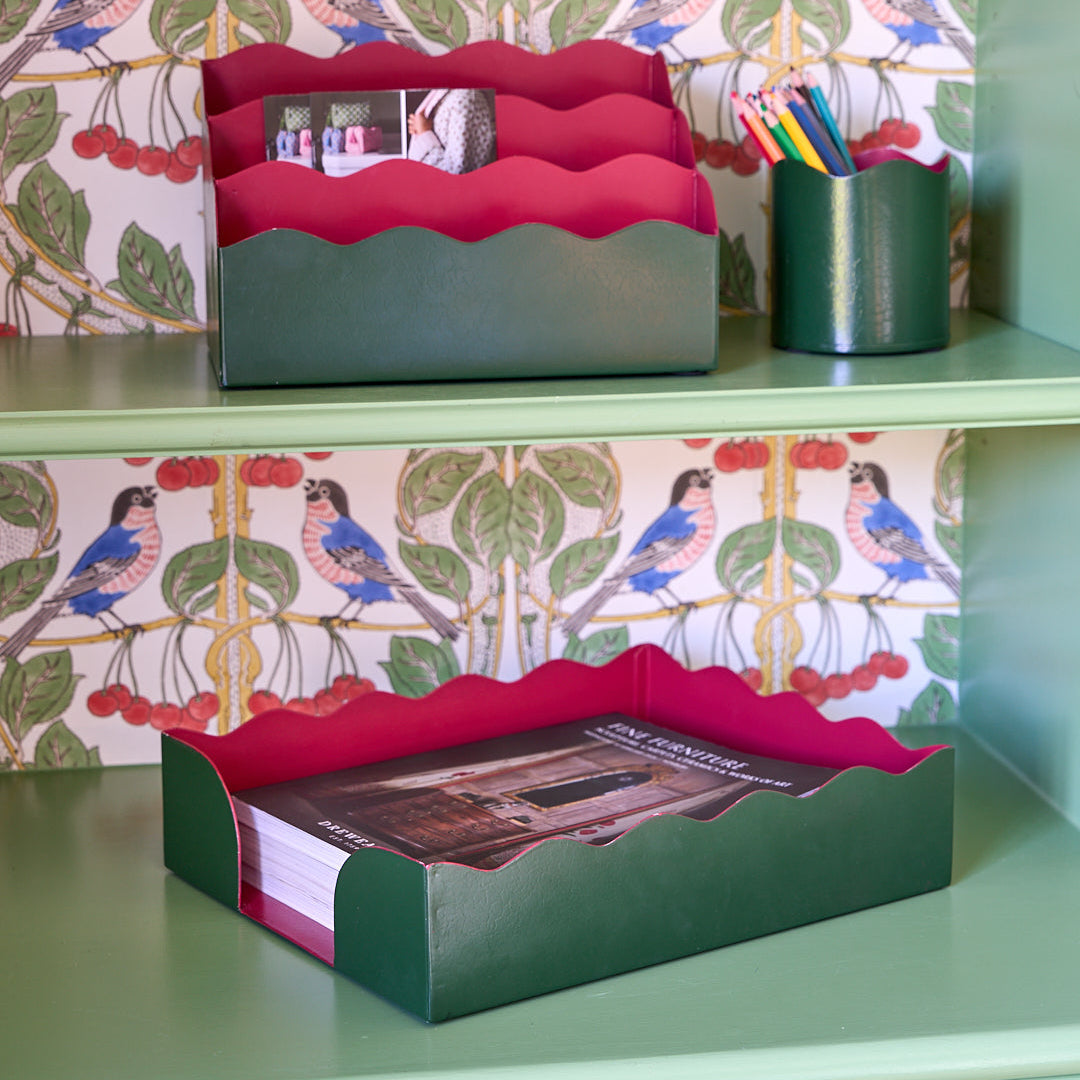 Toleware Paper Tray - Dark Green and Raspberry