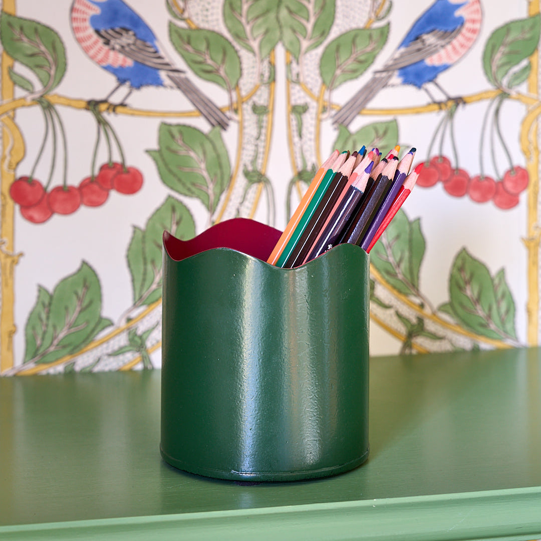 Toleware Pen Pot - Dark Green and Raspberry