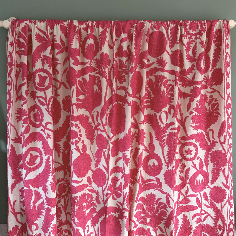 Pink and white floral hand embroidered bedspread / throw / tablecloth