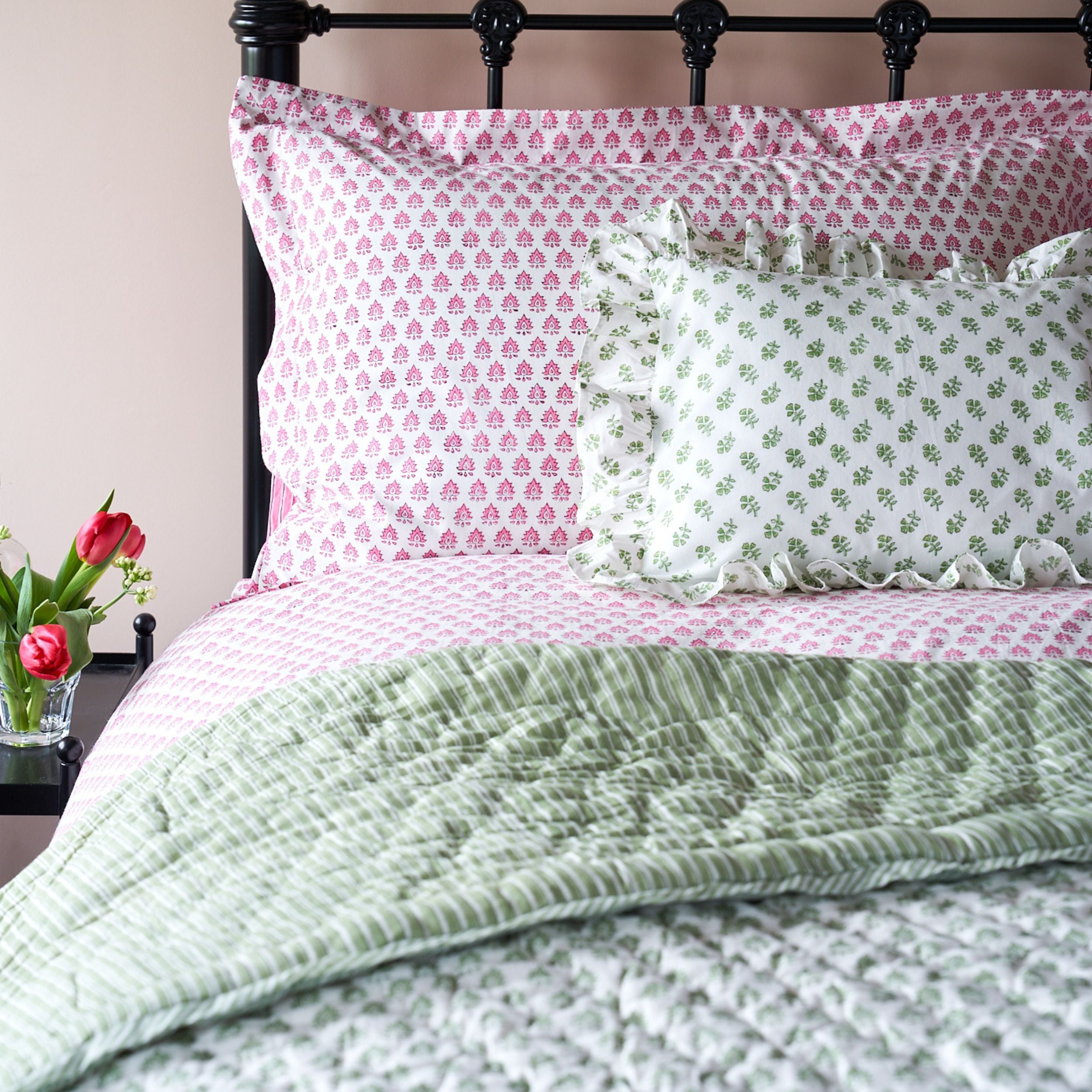Hand block printed cotton pink pillowcase