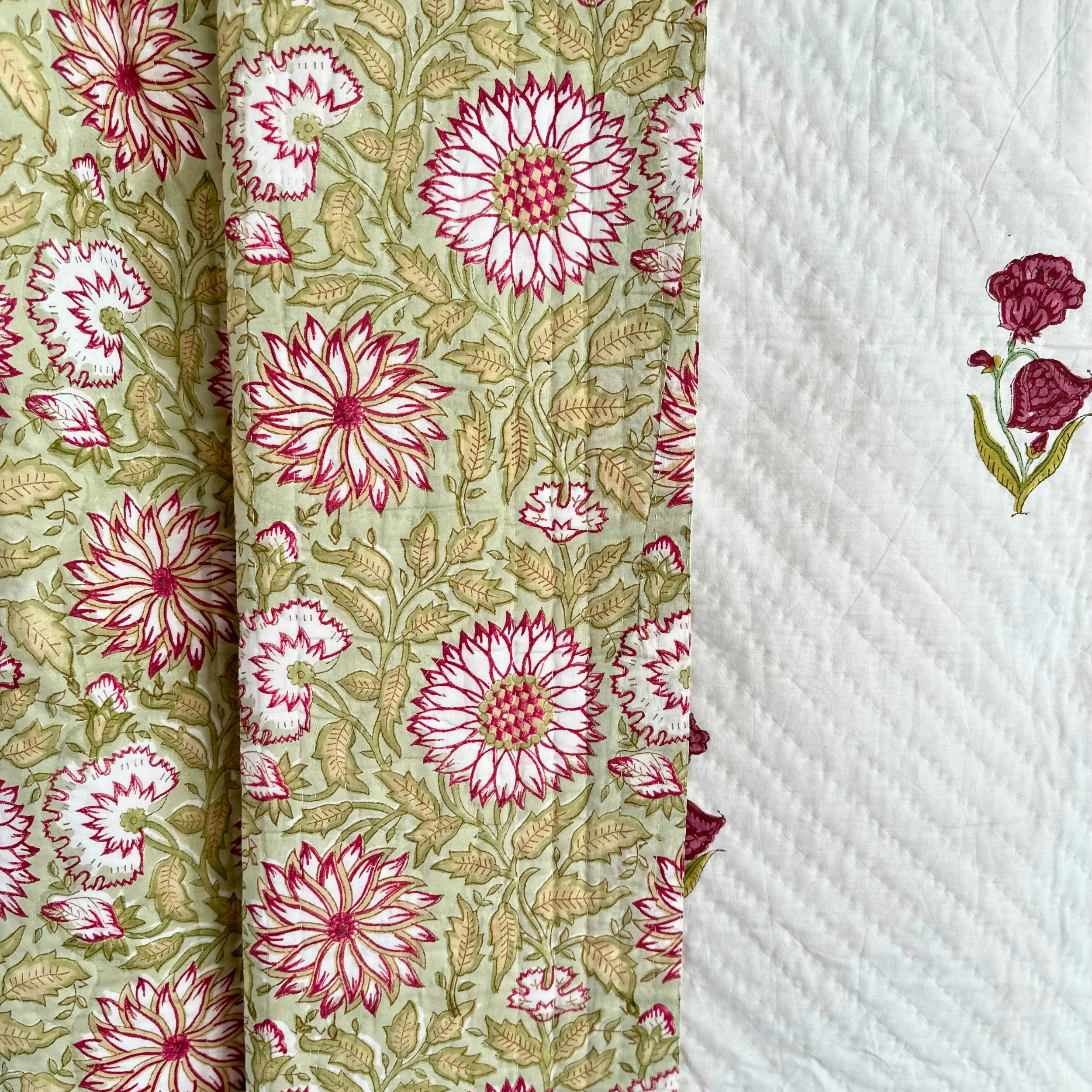 Pink, Yellow and Green Cotton Reversible King Pique Quilt/ Bedspread/ Throw
