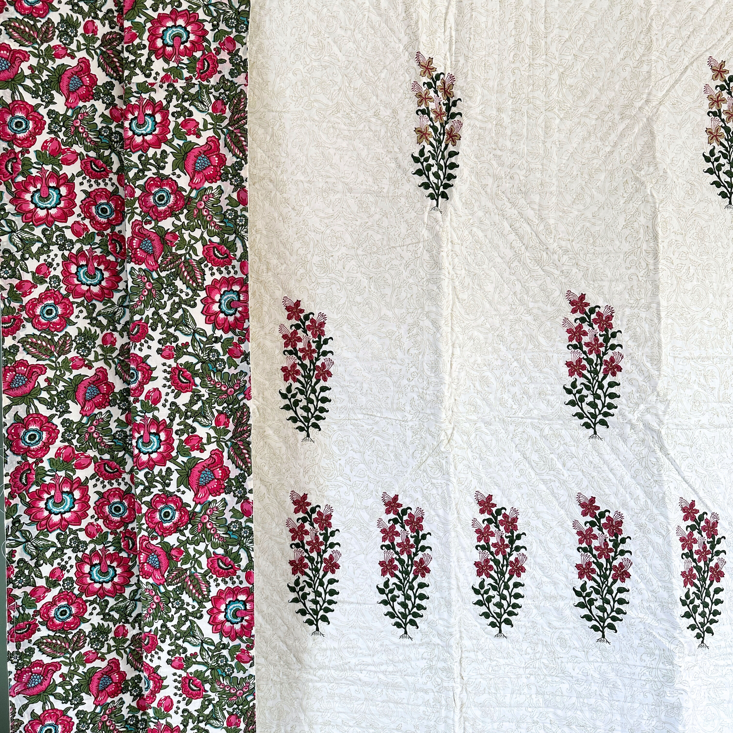 Pink and Green Floral Cotton Reversible Double Pique Quilt/ Bedspread/ Throw
