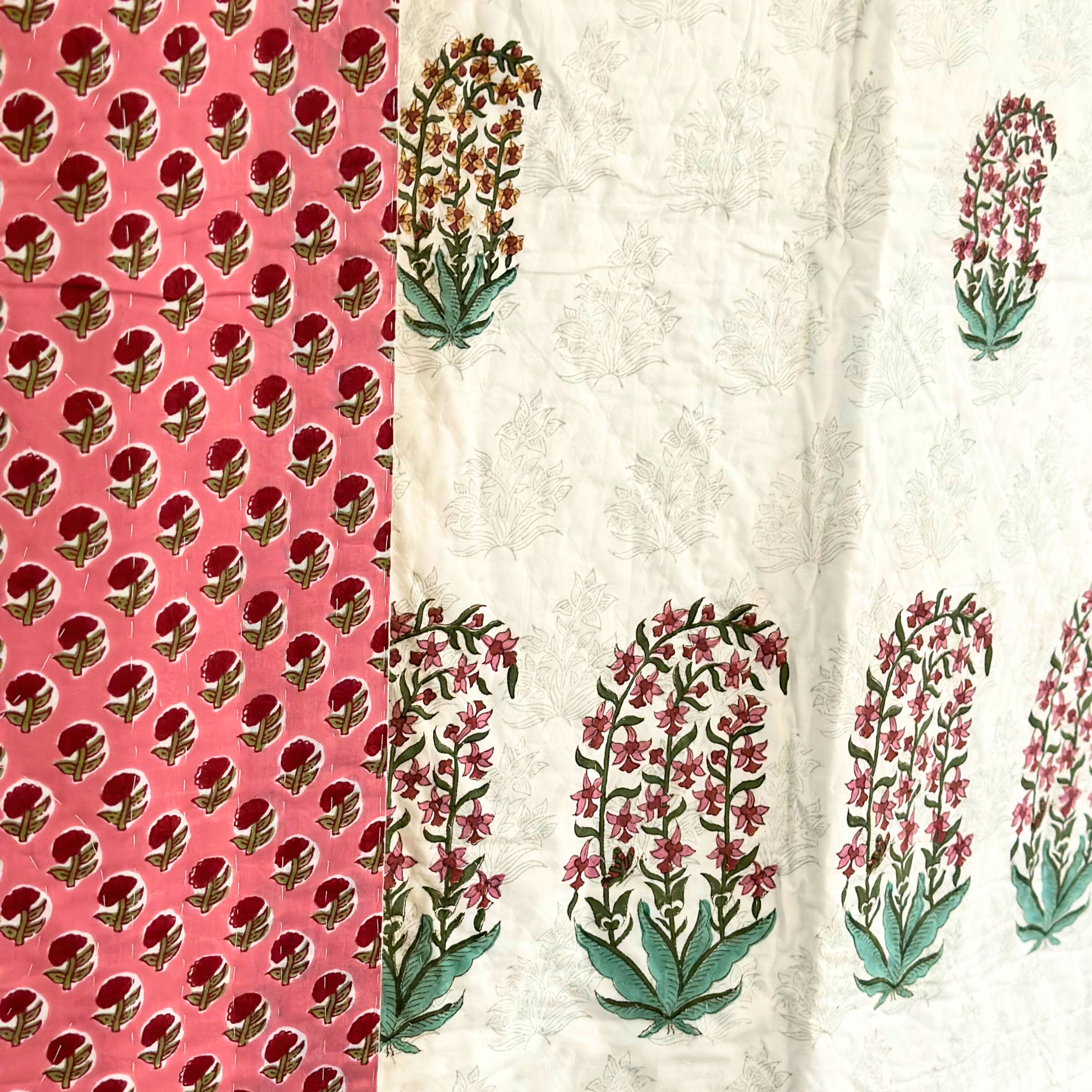 Pink and Yellow Flower Cotton Reversible Pique Quilt/ Bedspread/ Throw