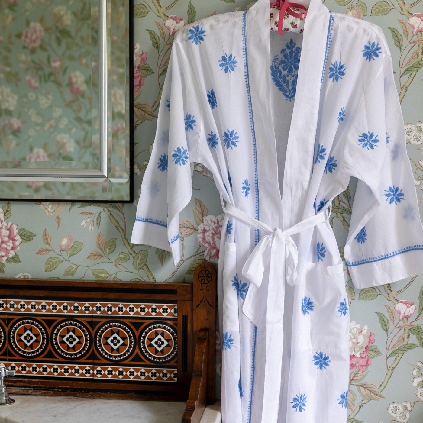 soft white cotton robe with pretty sky blue hand embroidery. lightweight dressing gown or as a beach/pool cover up. 