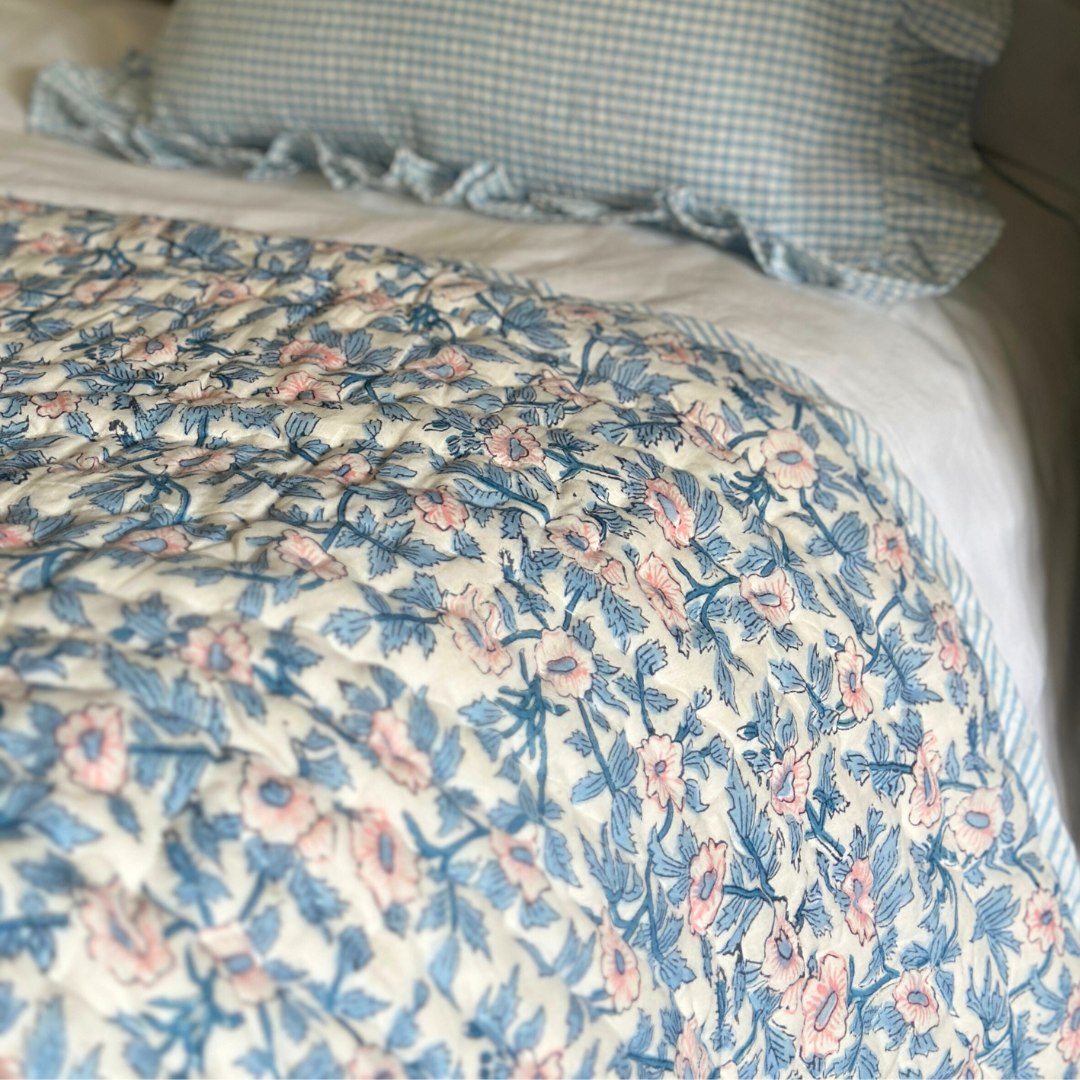 Blue and Pink Floral Quilt
