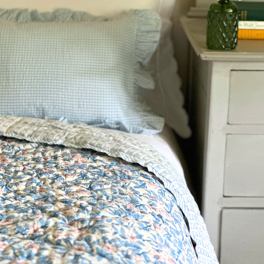 Blue and Pink Floral Quilt
