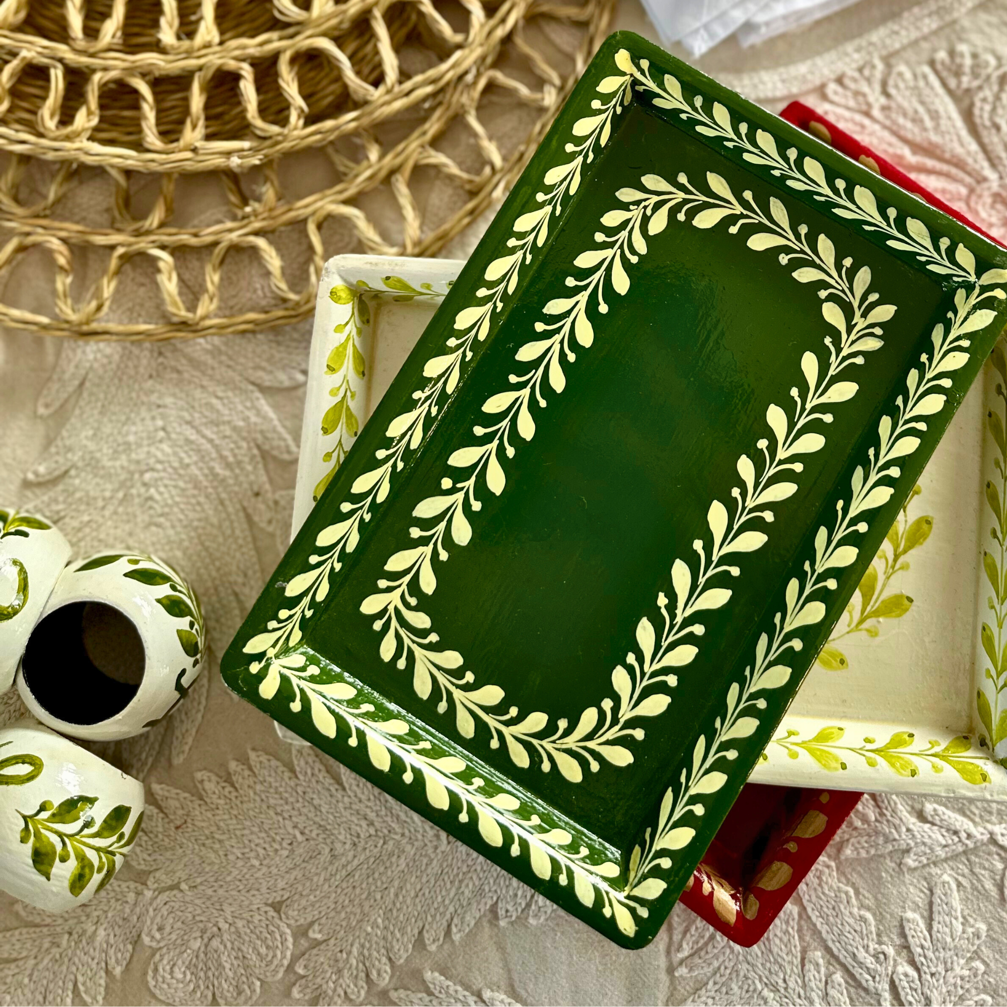 Green and Cream Painted Tray