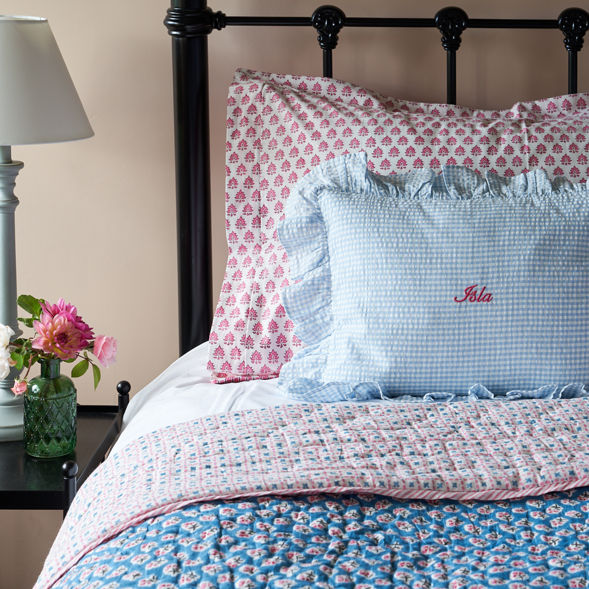 Blue Gingham Ruffle Baby Boudoir Pillowcase
