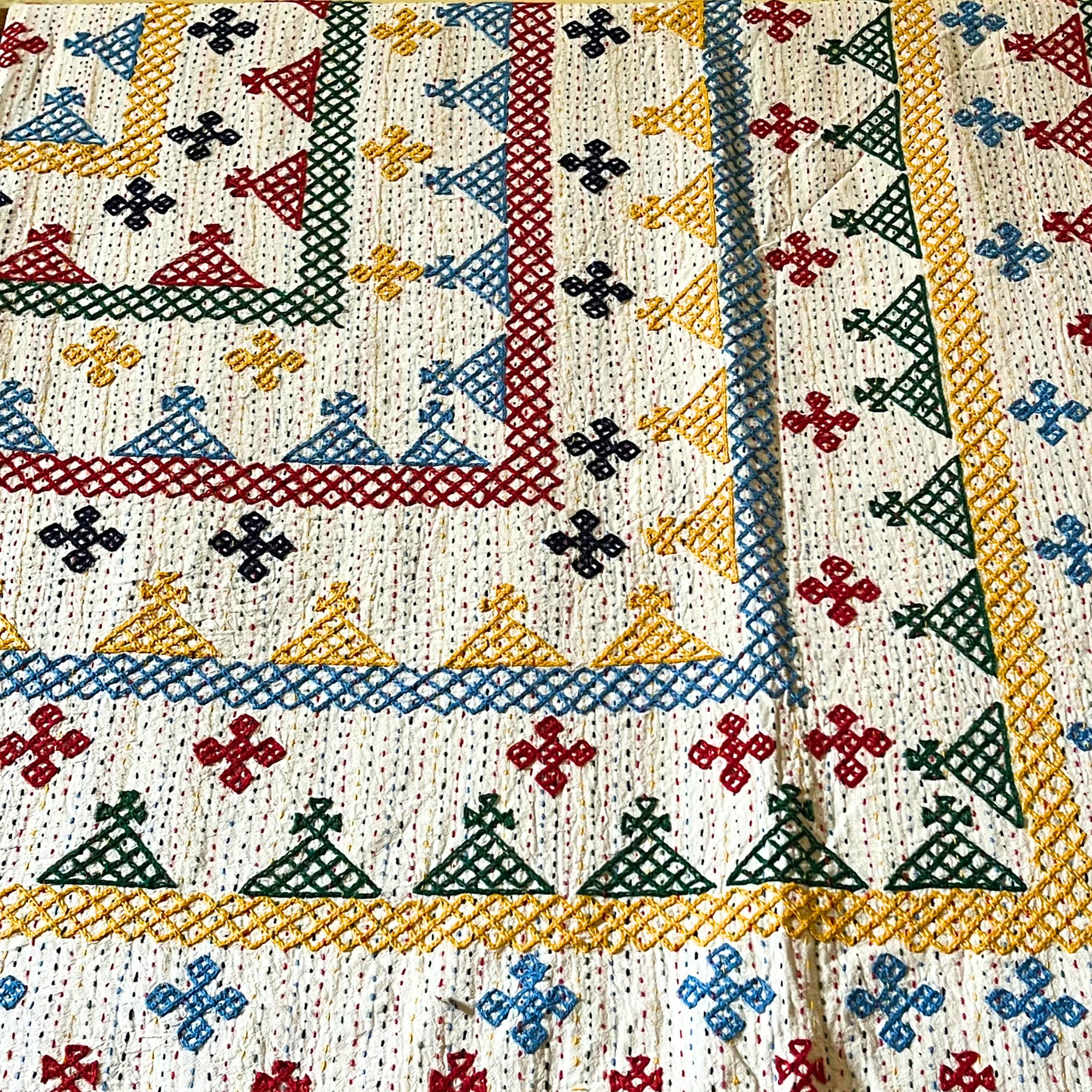 LARGE KANTHA BEDSPREAD - RED, BLUE, YELLOW, GREEN, NAVY