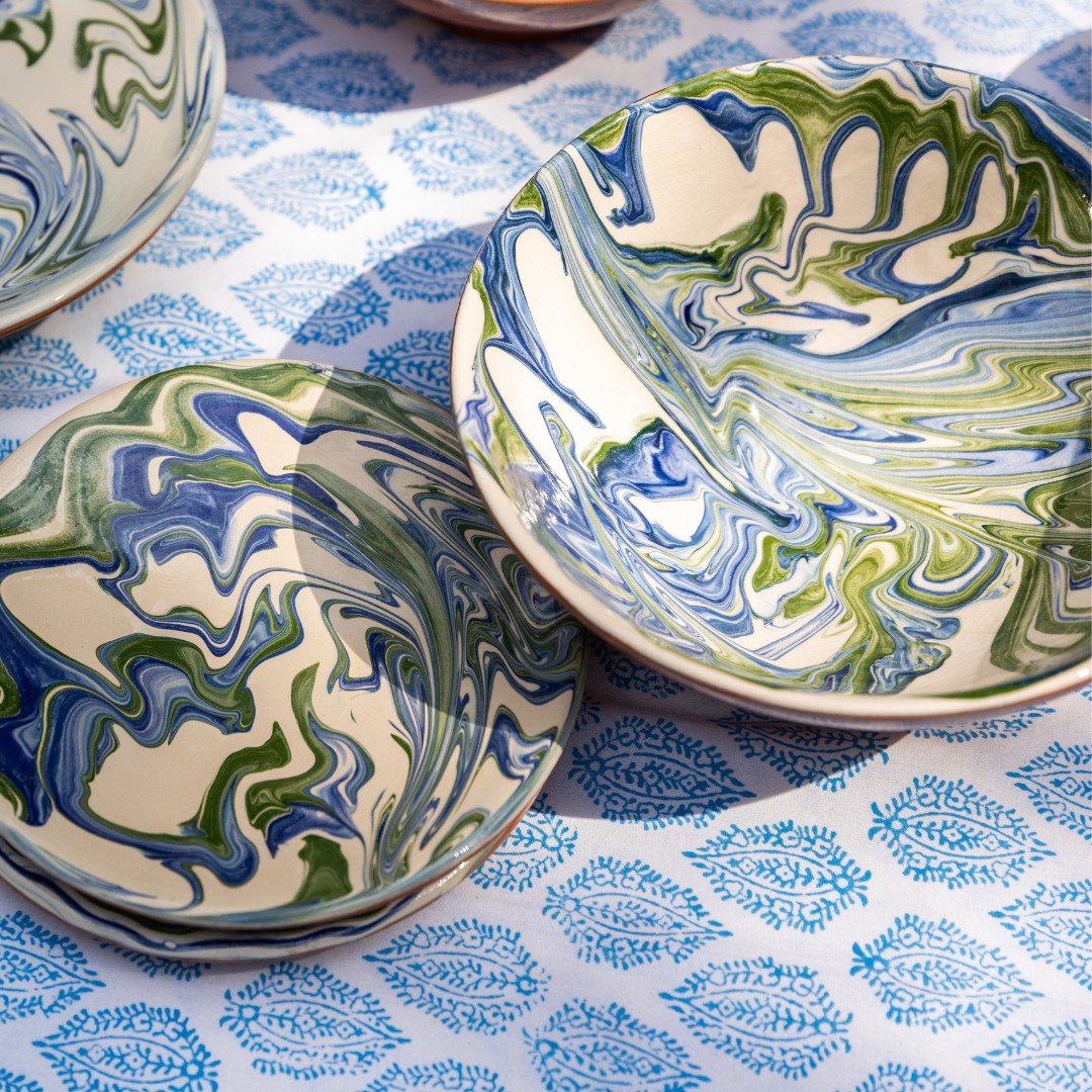 Large Blue and Green Marbled Salad Bowl