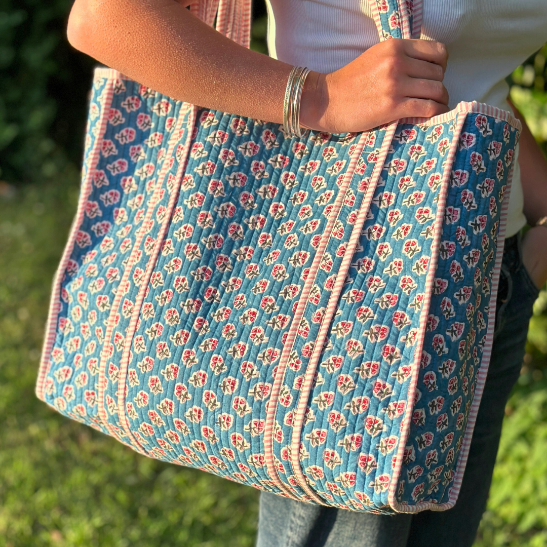 Teal Ditsy Quilted Tote Bag