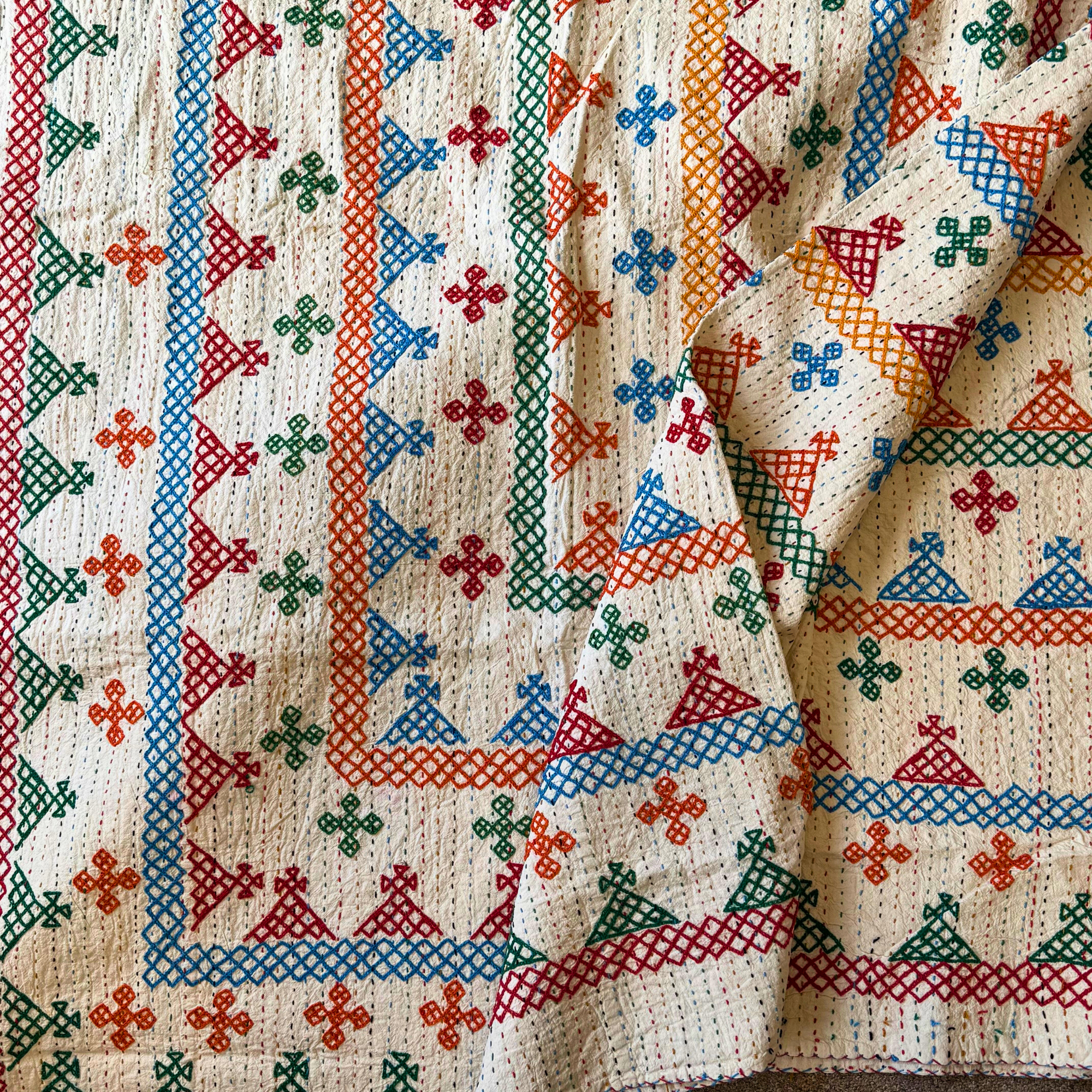 LARGE KANTHA BEDSPREAD - RED, GREEN, ORANGE, BLUE,