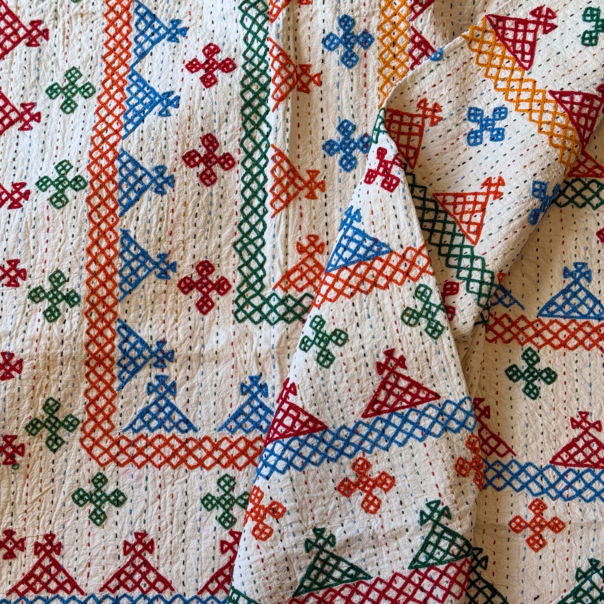 LARGE KANTHA BEDSPREAD - RED, GREEN, ORANGE, BLUE,