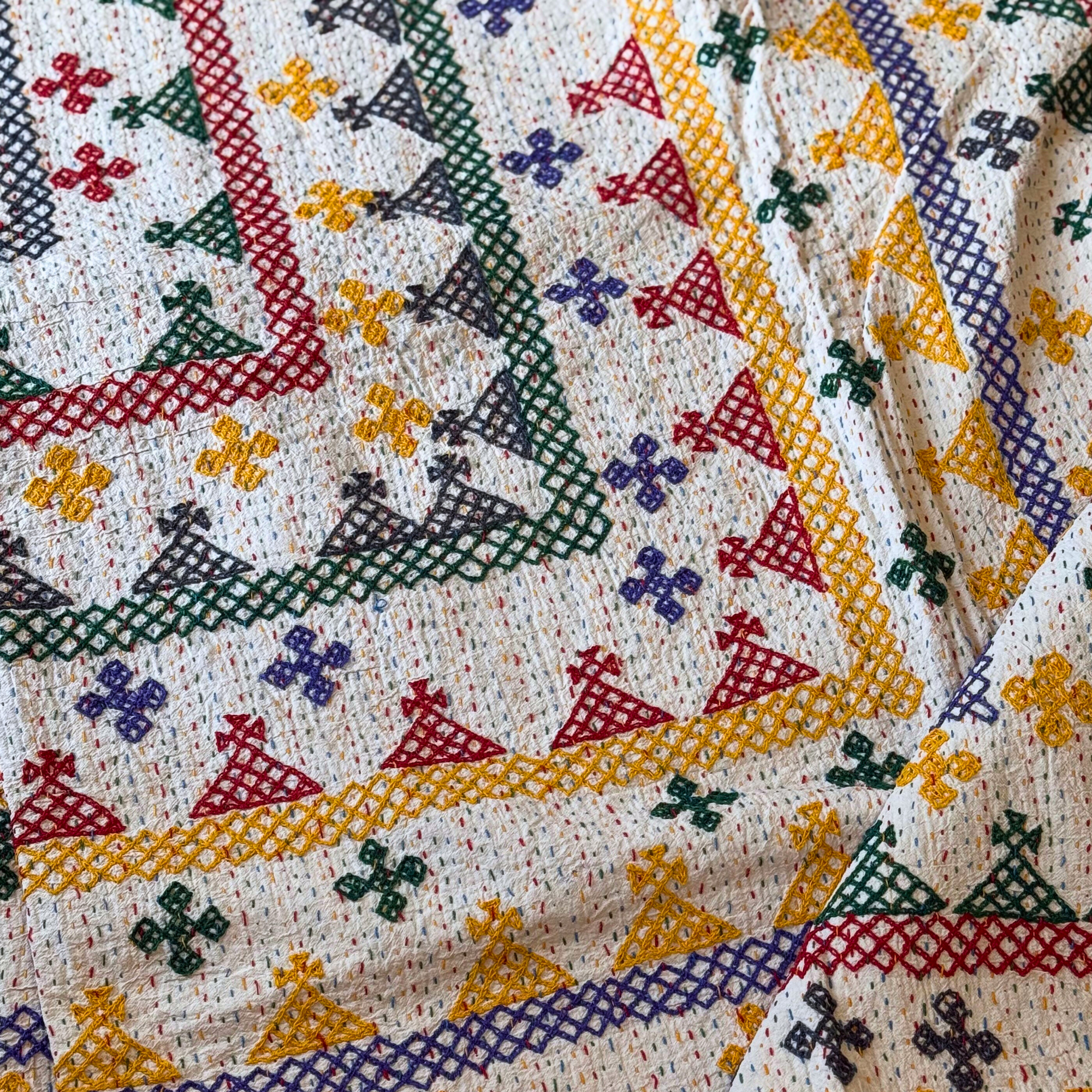 LARGE KANTHA BEDSPREAD - PURPLE, YELLOW, GREY, RED, GREEN