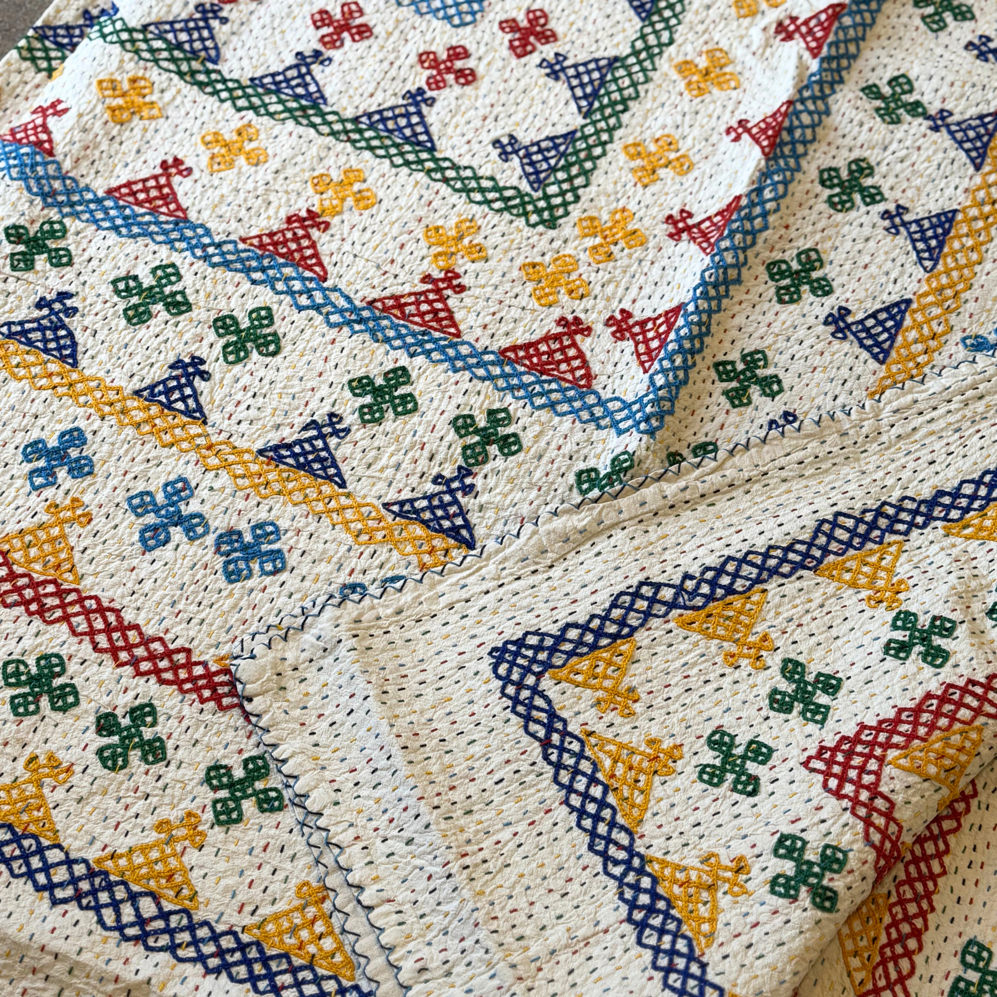 LARGE KANTHA BEDSPREAD - BLUE, YELLOW, GREEN, RED