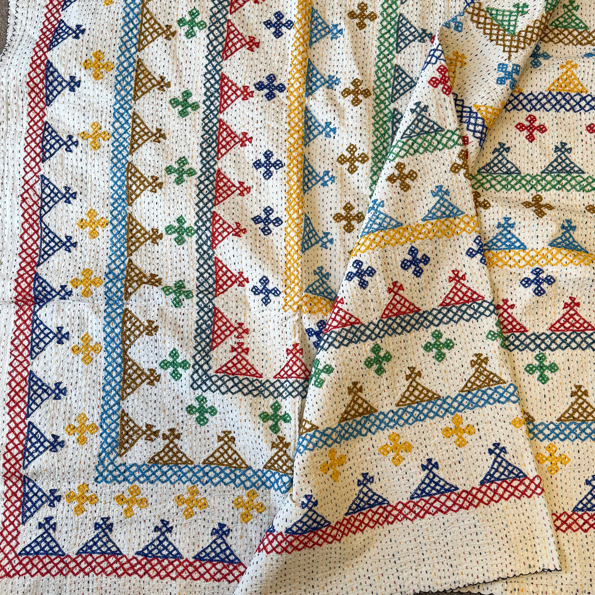 LARGE KANTHA BEDSPREAD - RED, BLUE, YELLOW, TEAL, GOLD