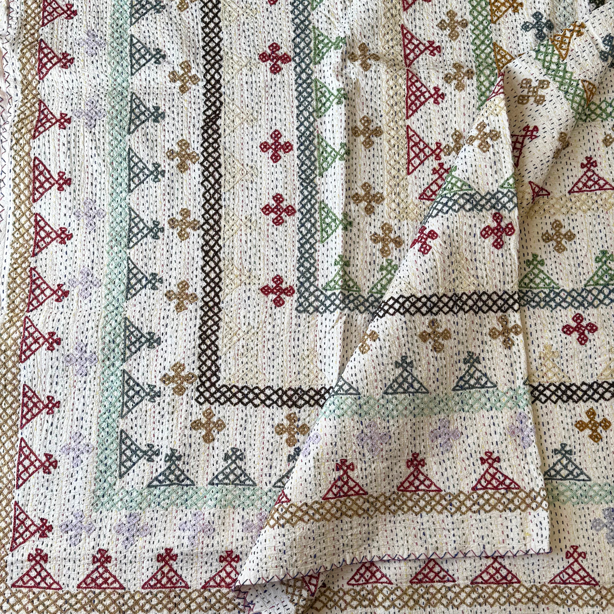 LARGE KANTHA BEDSPREAD -GOLD, RUSSET, LILAC, MINT, GREY
