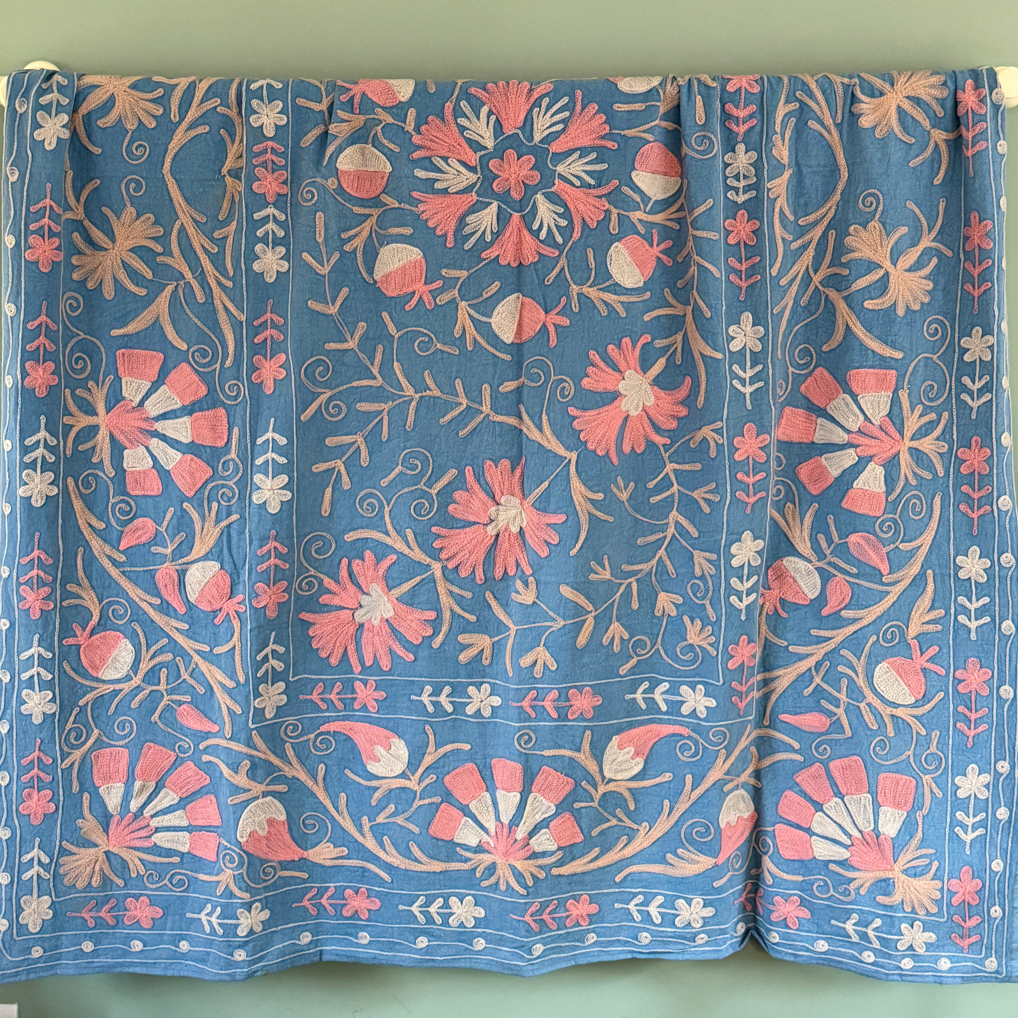 Large Coloured Suzani - Soft Blue, Pink and Cream