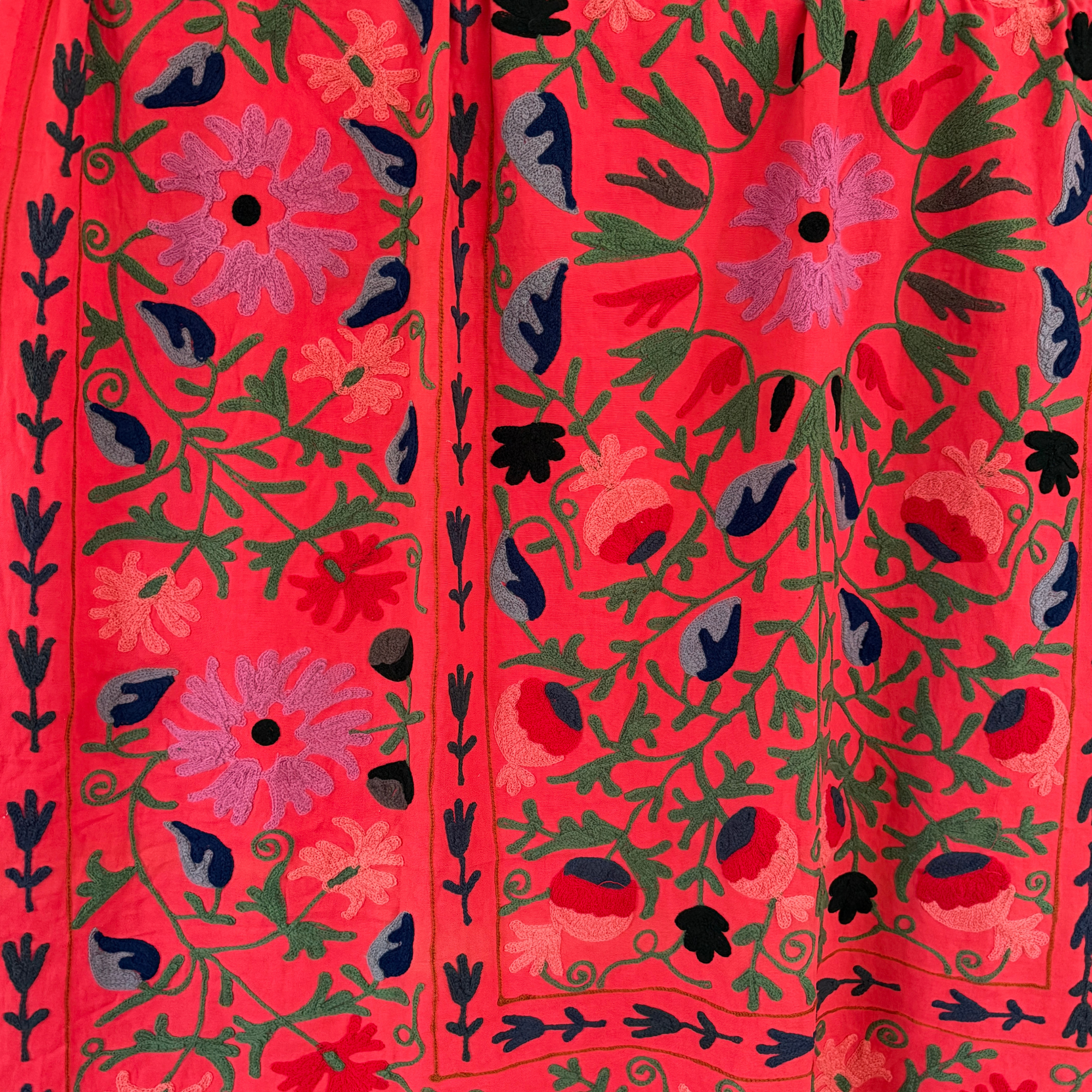 Large Coloured Suzani - Deep Coral Orange with Navy, Red, Green, Violet