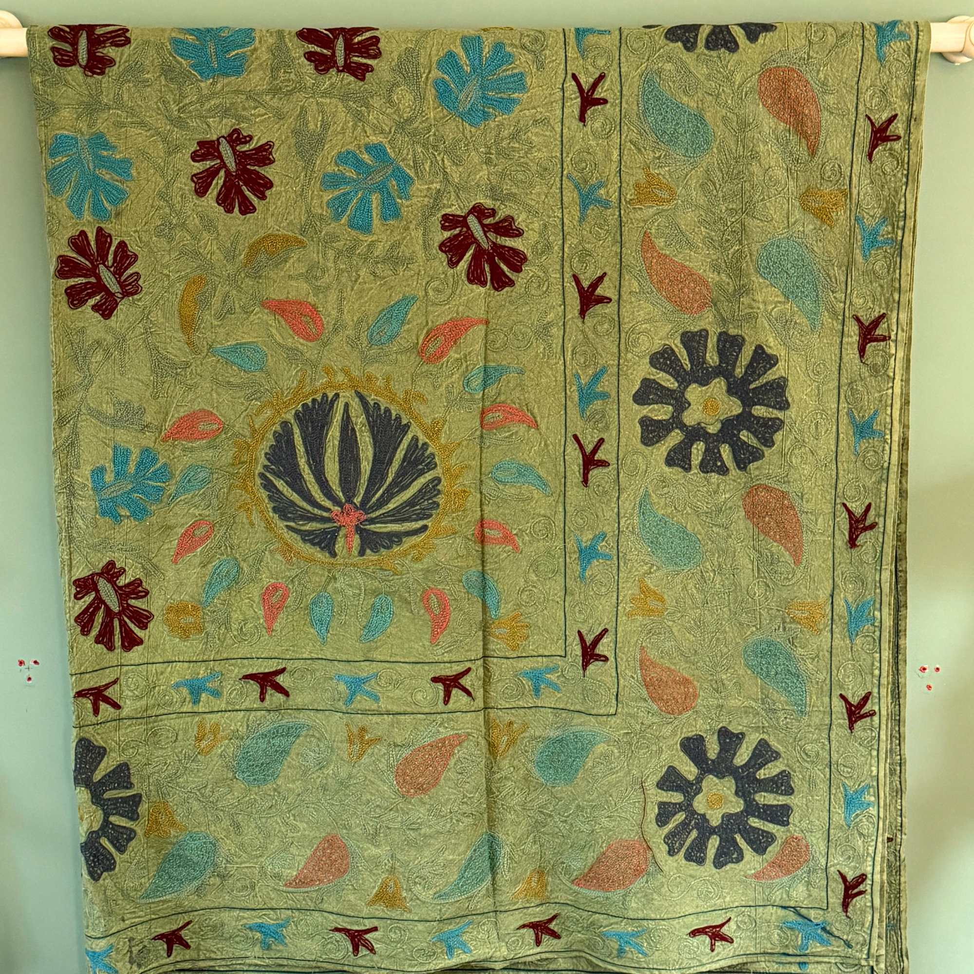 Extra Large Suzani - Sage Green, Blue, Russet, Grey