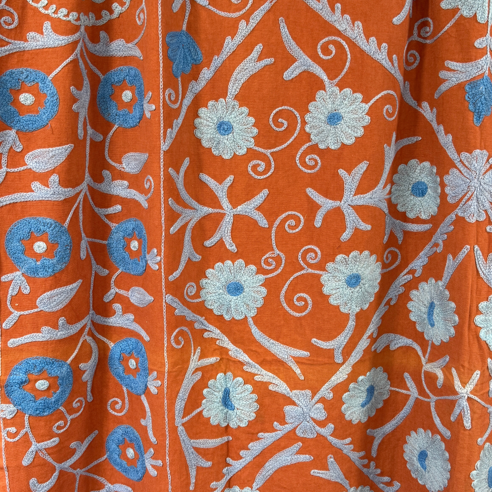 Large Coloured Suzani - Terracotta, Pale Blue, Mid Blue