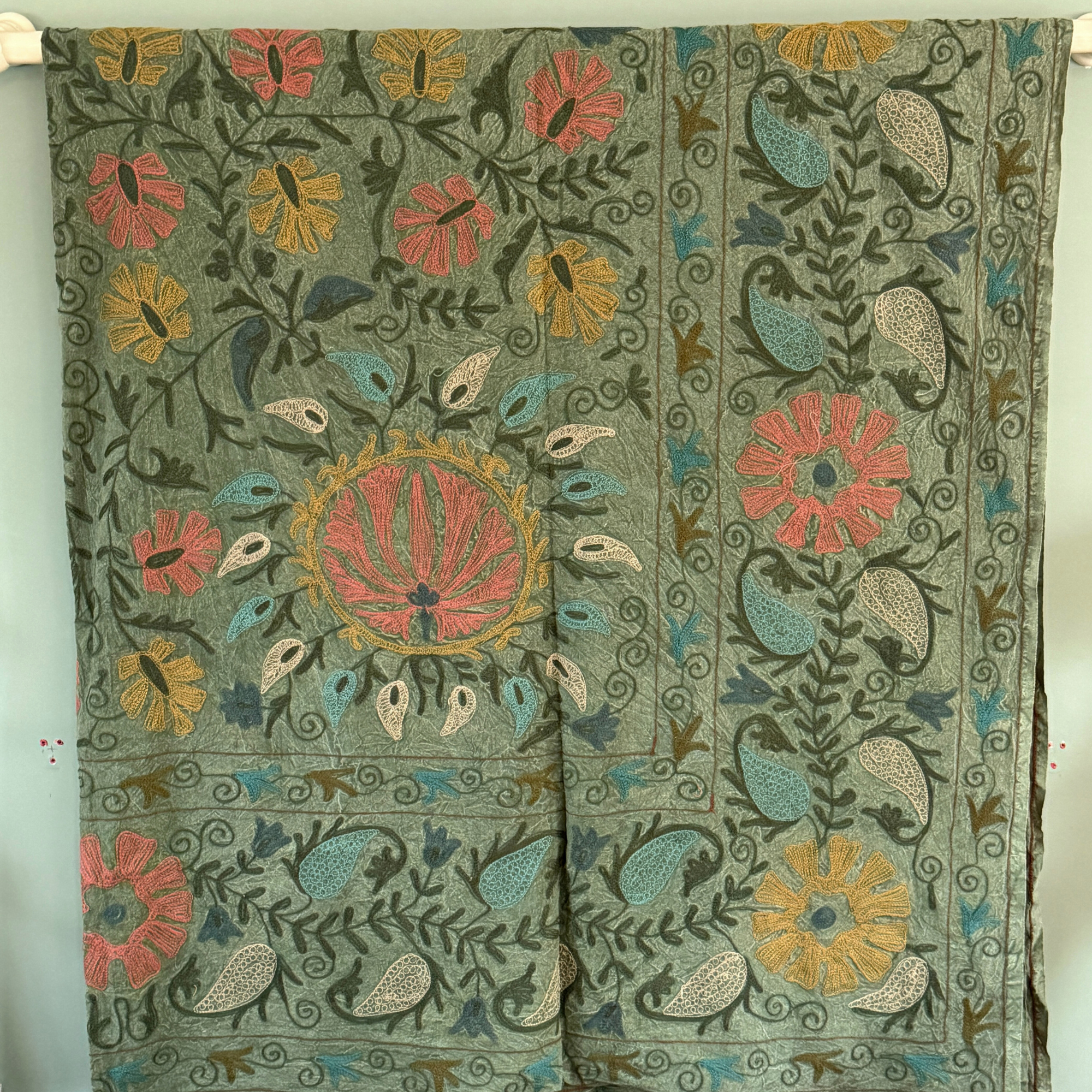 Extra Large Suzani - Sage Green, Teal, Mustard,